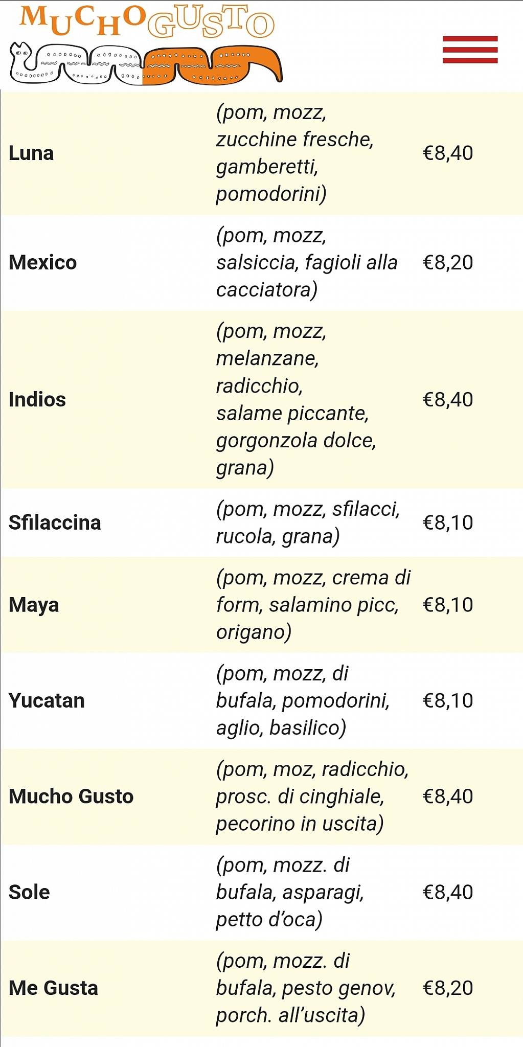 Menu di Pizzeria Mucho Gusto 