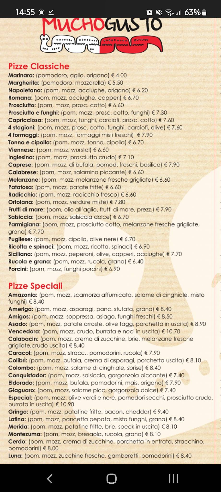 Menu di Pizzeria Mucho Gusto 
