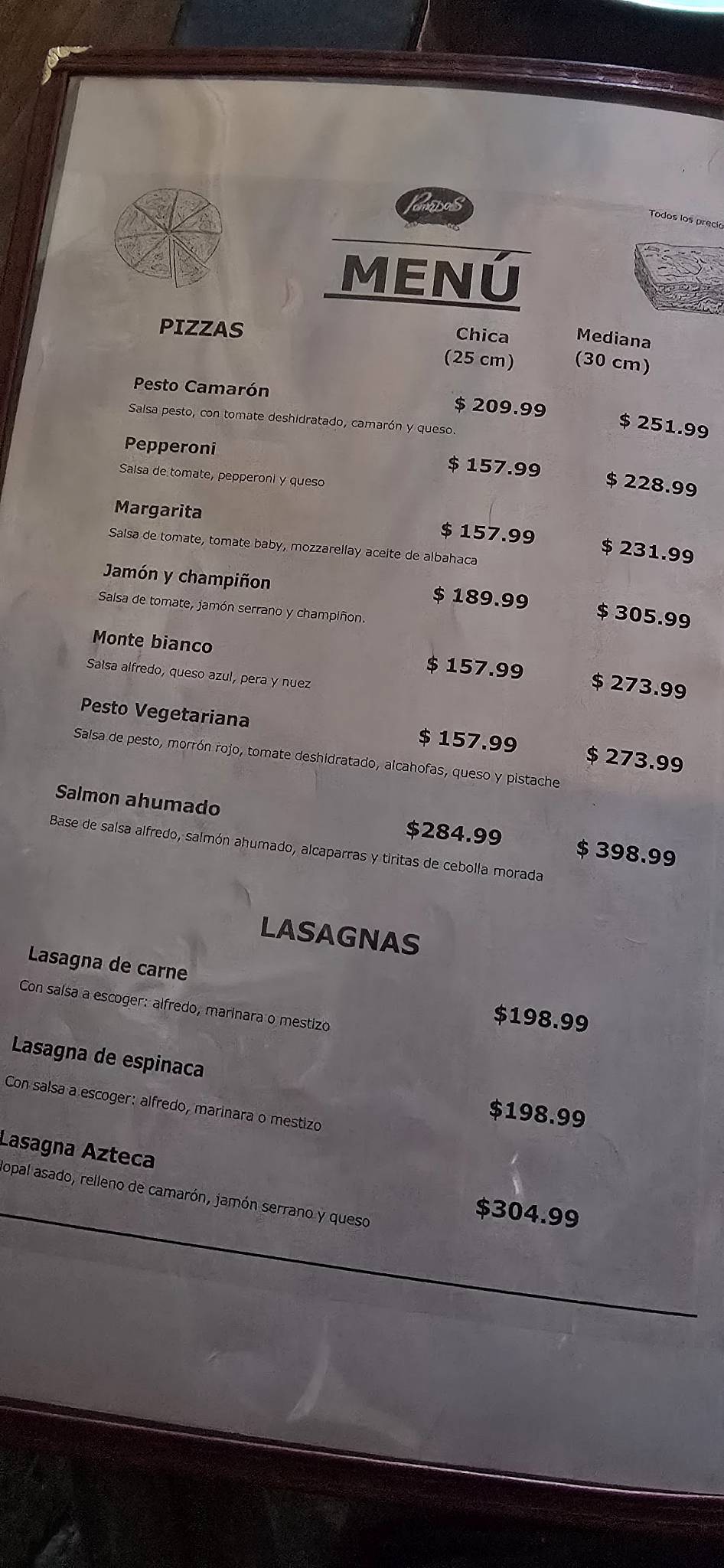 Menu at Pomodoro's restaurant, Ciudad Juarez, Blvd. Manuel Gómez Morín 7464