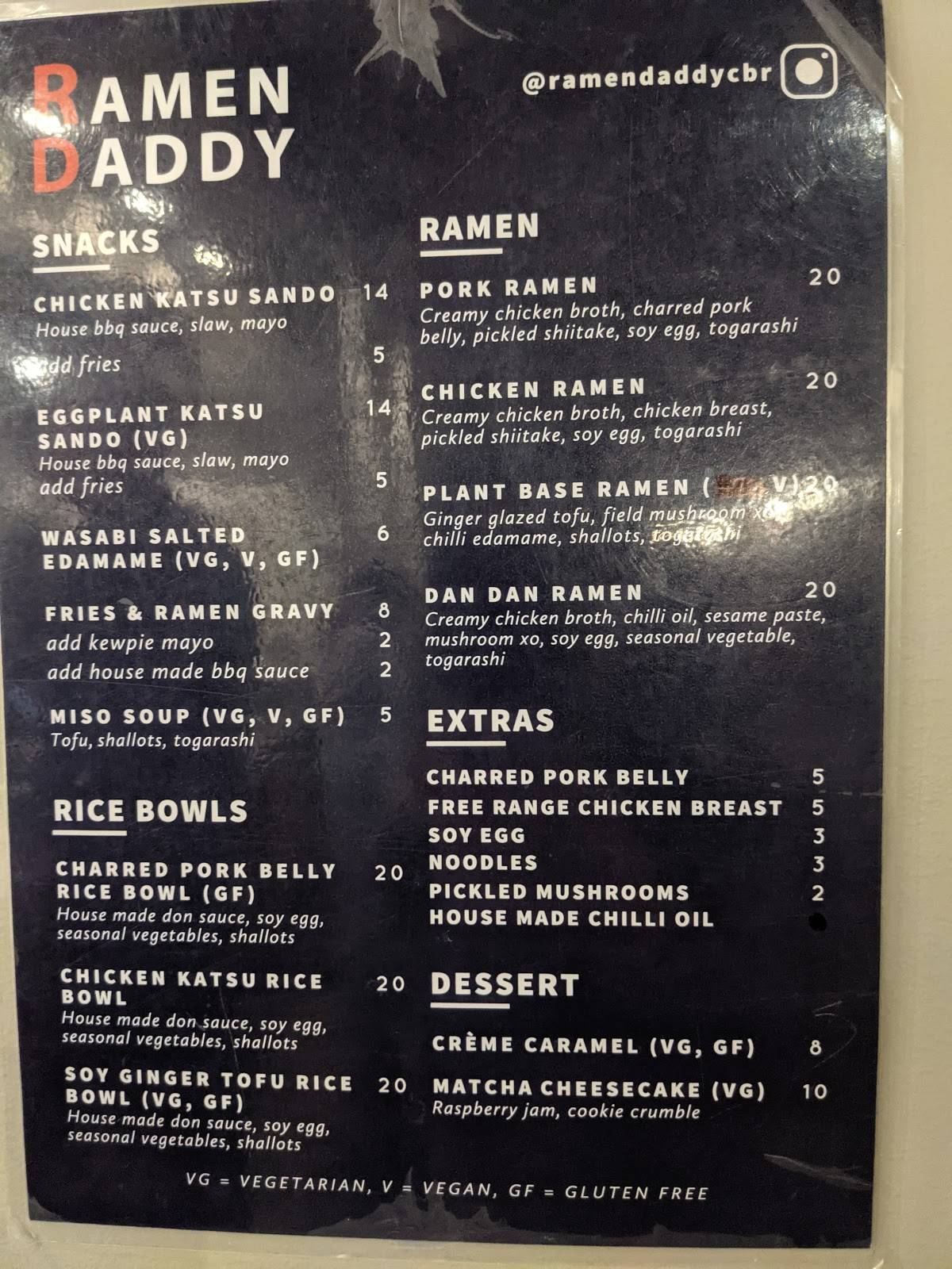 Menu at Ramen Daddy Canteen restaurant, Fyshwick