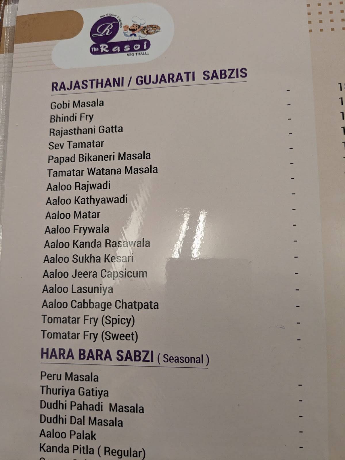 Rasoi Veg Thali menu