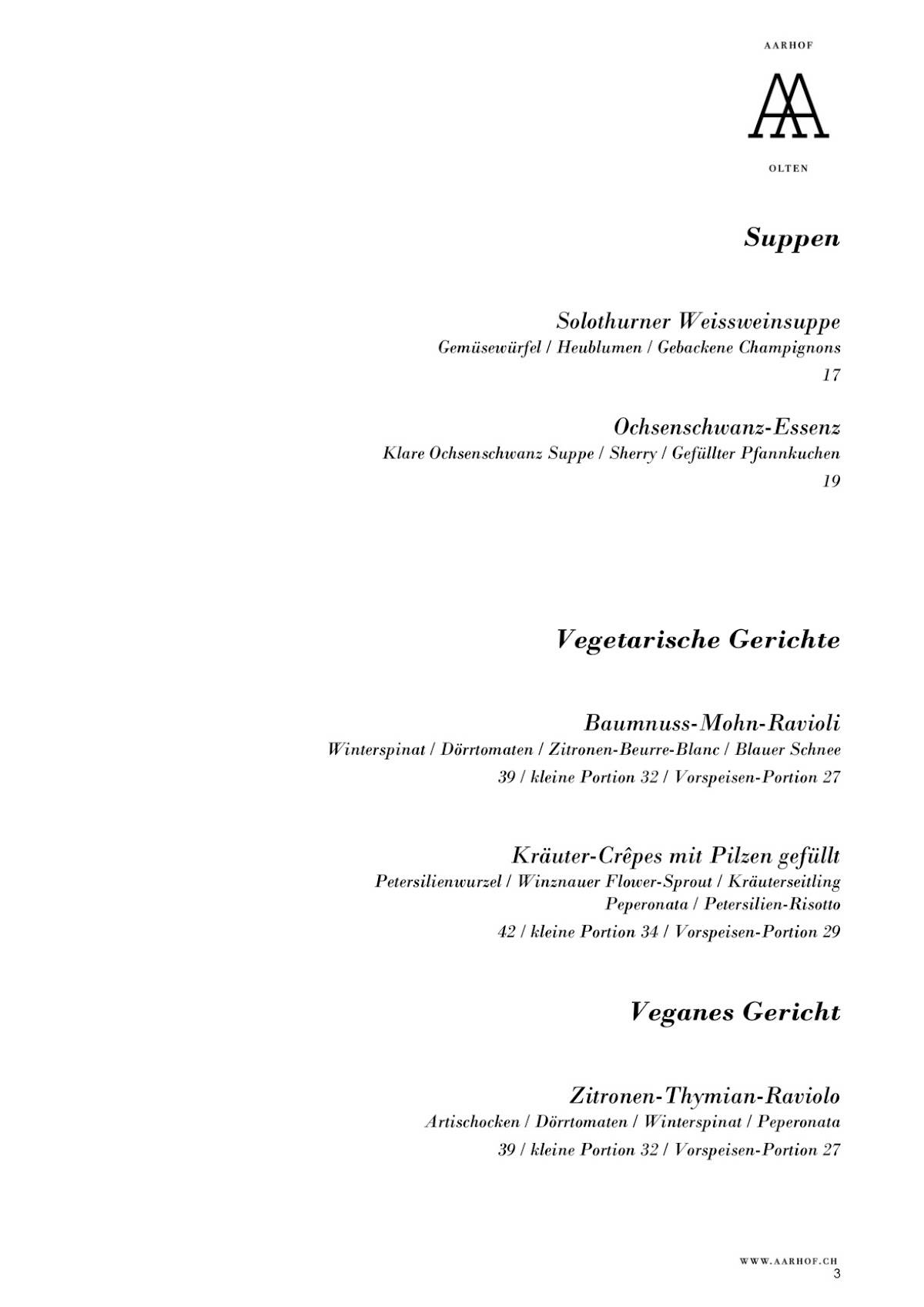 Menu de Restaurant Aarhof