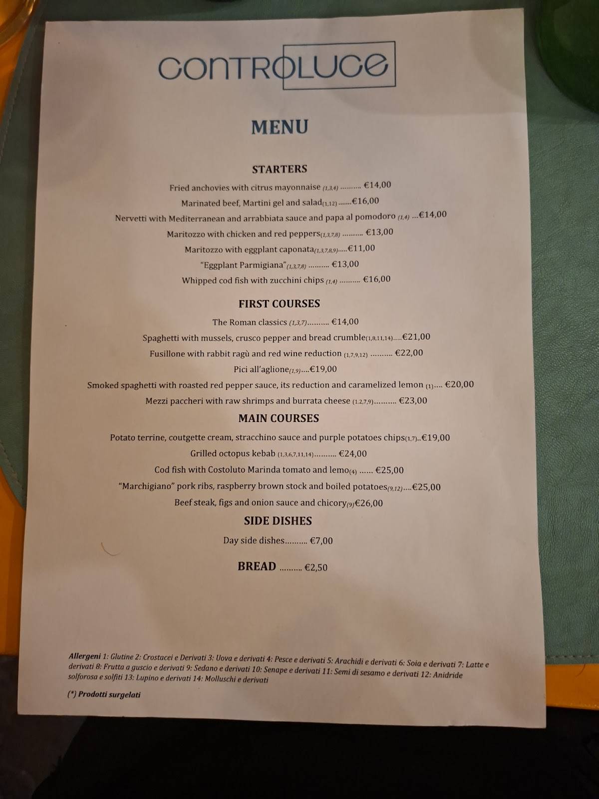 Menu di Ristorante Controluce 