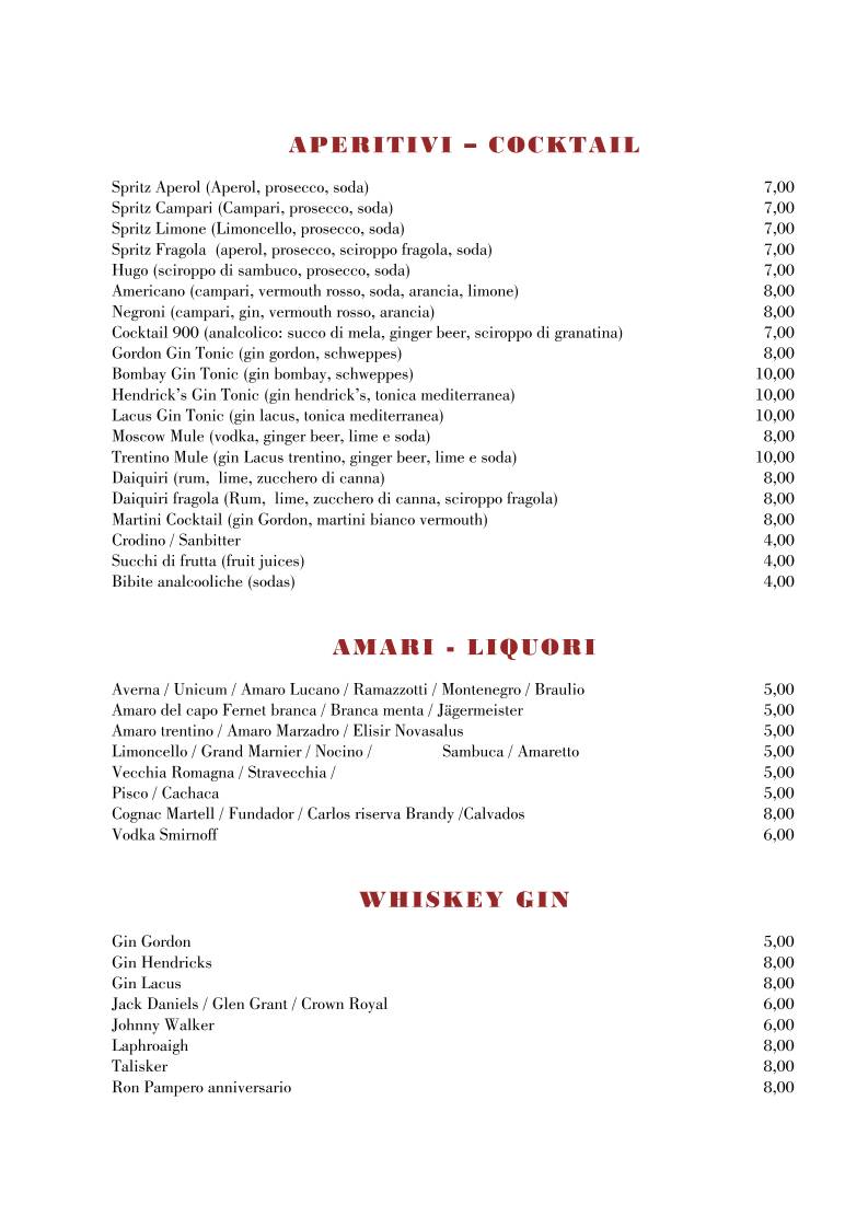 Menu di Il Ristorante Novecento Dell'Hotel Rovereto 