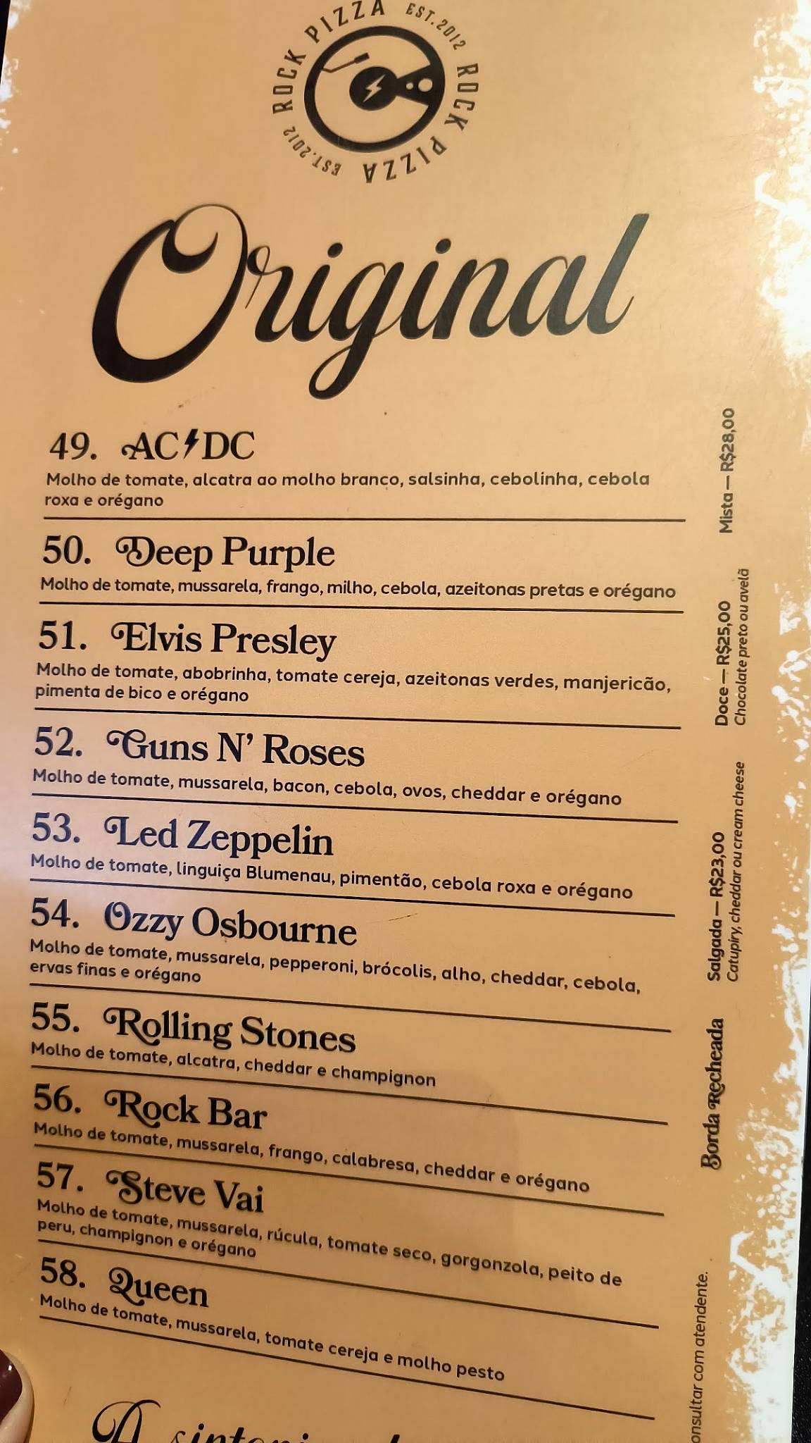 Rock Pizza cardápio
