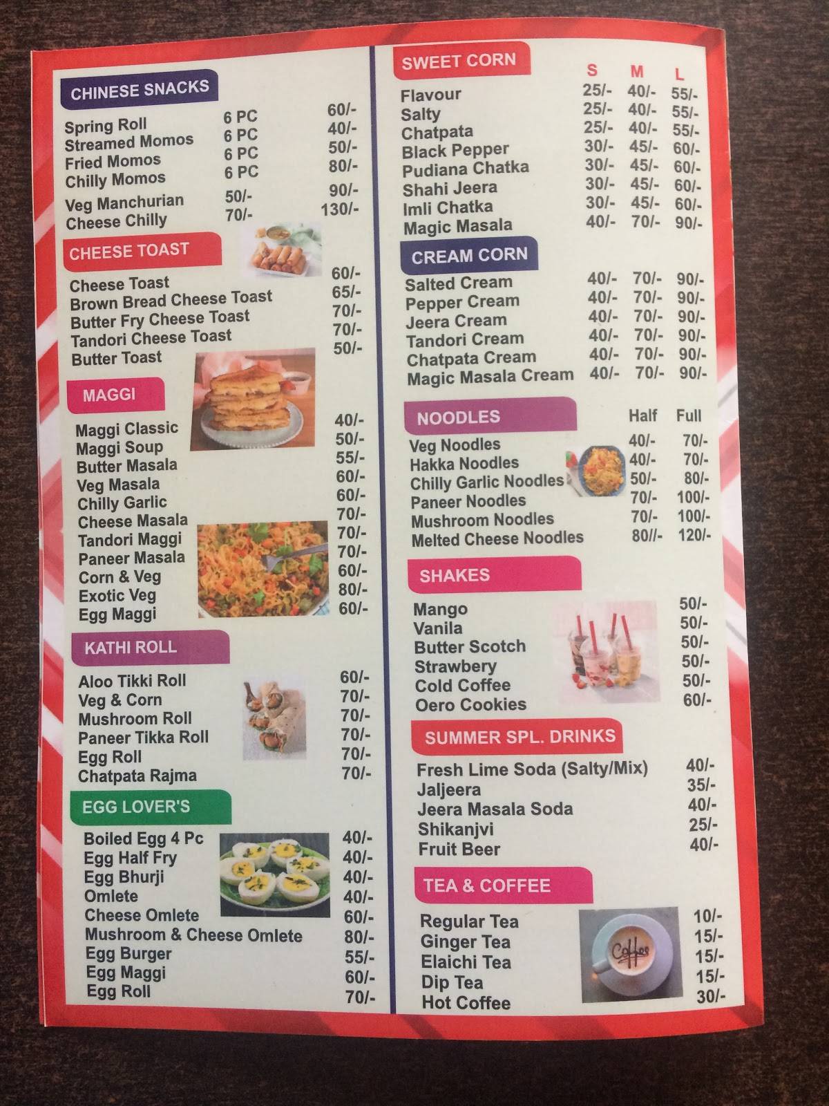 S.K. Refreshment menu