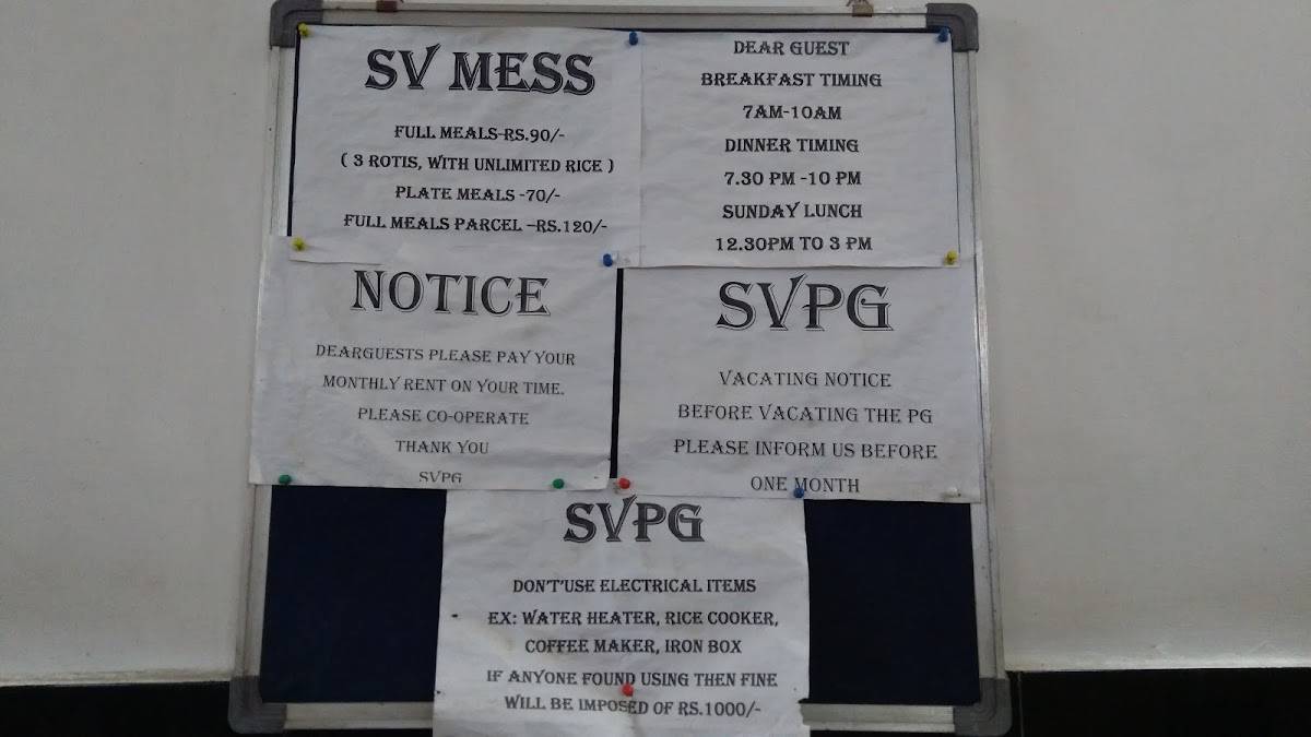 SV Mess & Paying Guest Accommodation menu