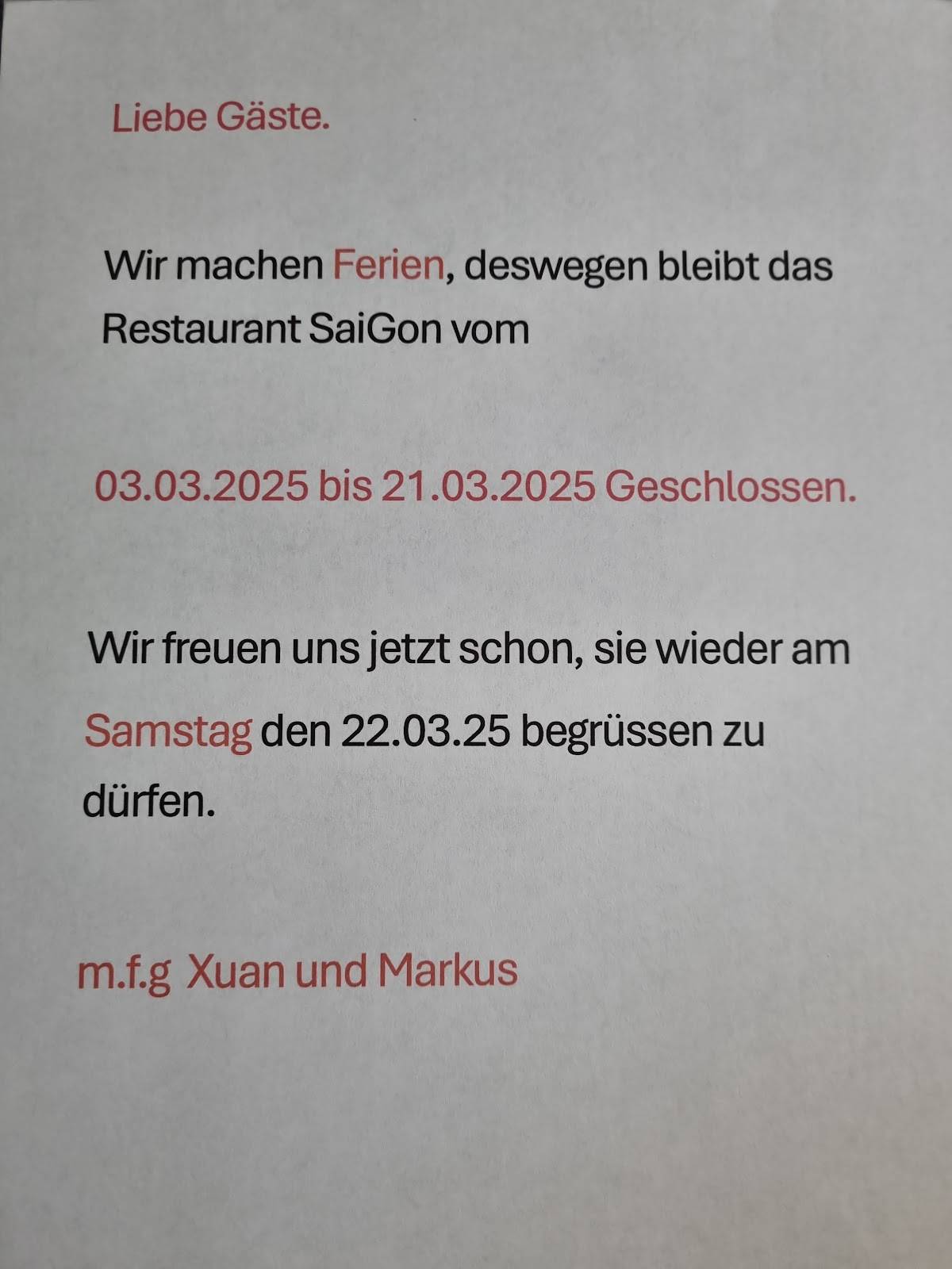 Menu di Restaurant Sai Gon GmbH Rothrist 
