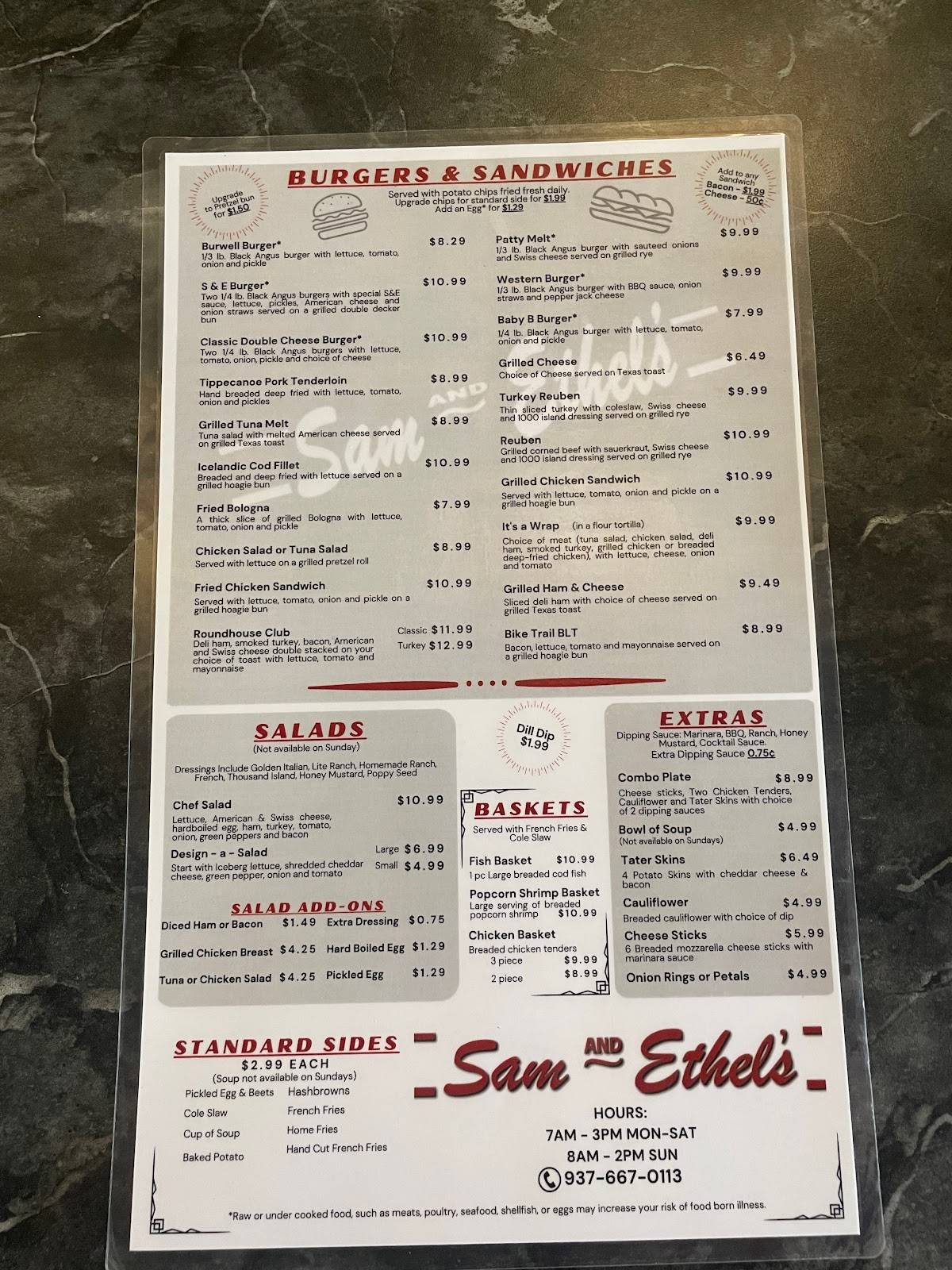 Menu at Sam and Ethel's restaurant, Tipp City