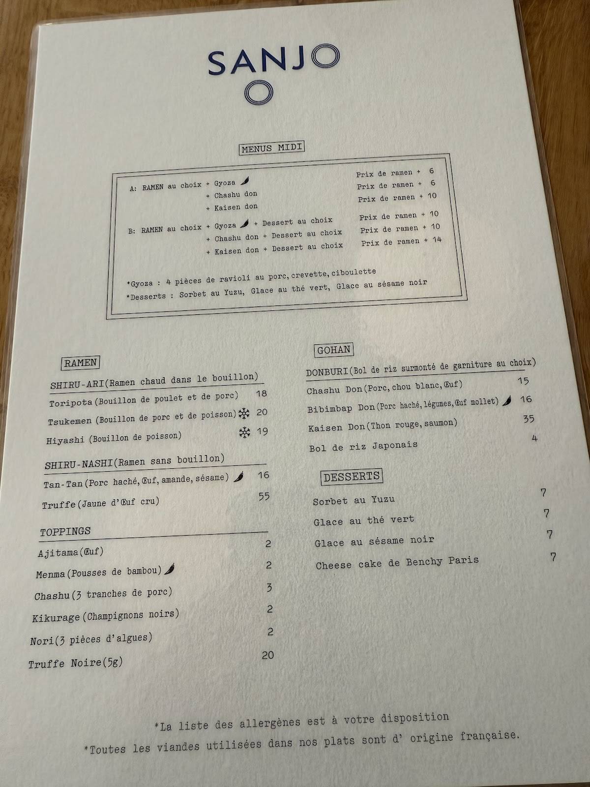 Menu de Sanjo