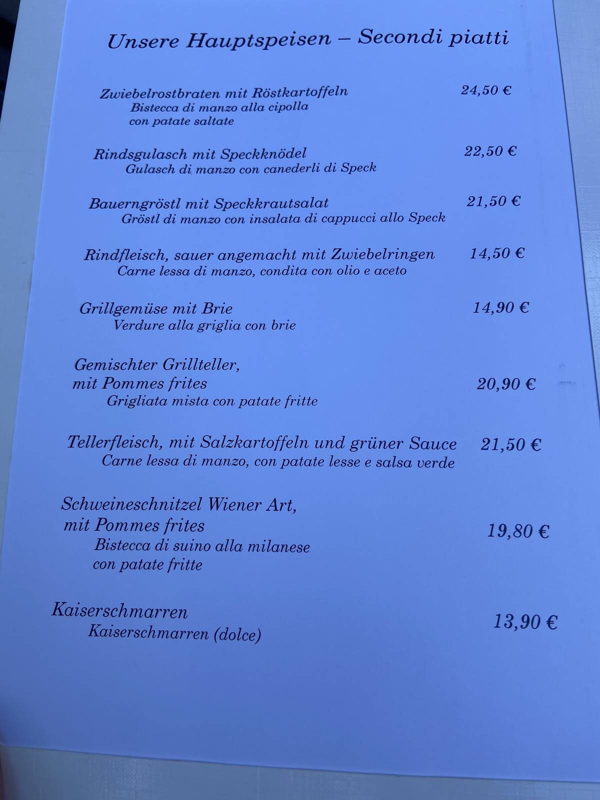 Menu di Schwarzer Adler 