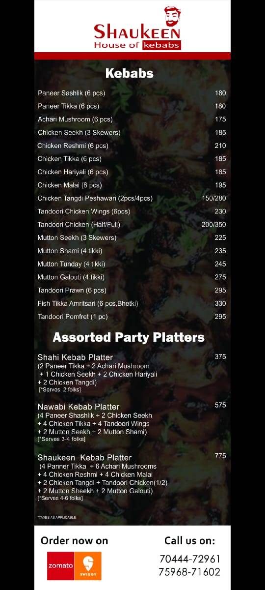 Shaukeen menu