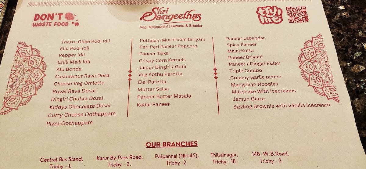 Shri Sangeethas (Chennai Bypass, Trichy) Veg. Restaurant Sweets Savouries menu