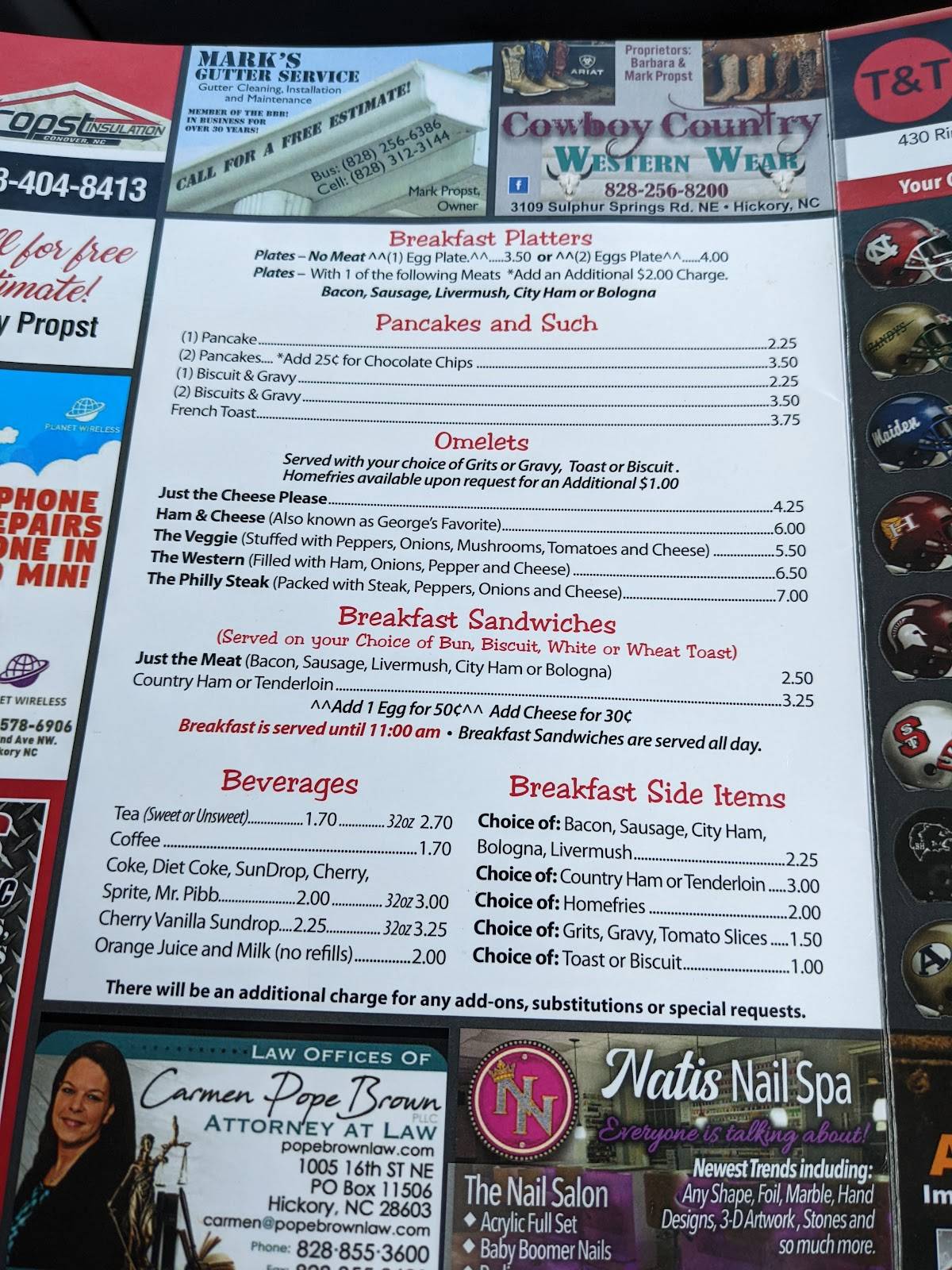 Menu at Sigmon's Grill restaurant, Conover, NC16
