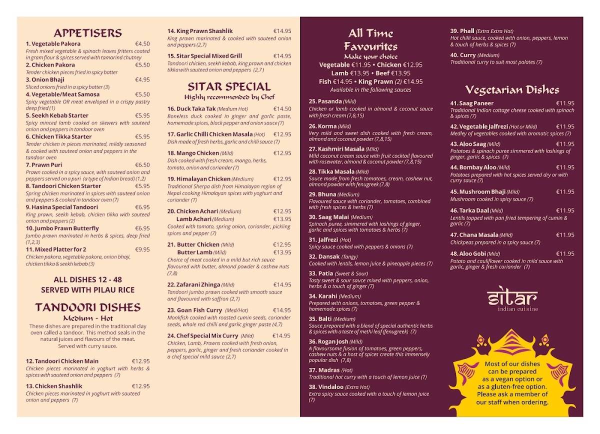 Menu at Sitar Indian Restaurant & Takeaway, Dundalk