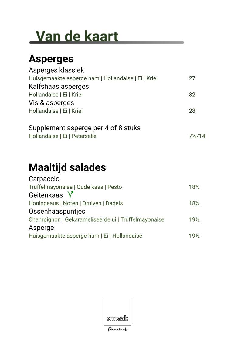 Menu de Restaurant Smaak