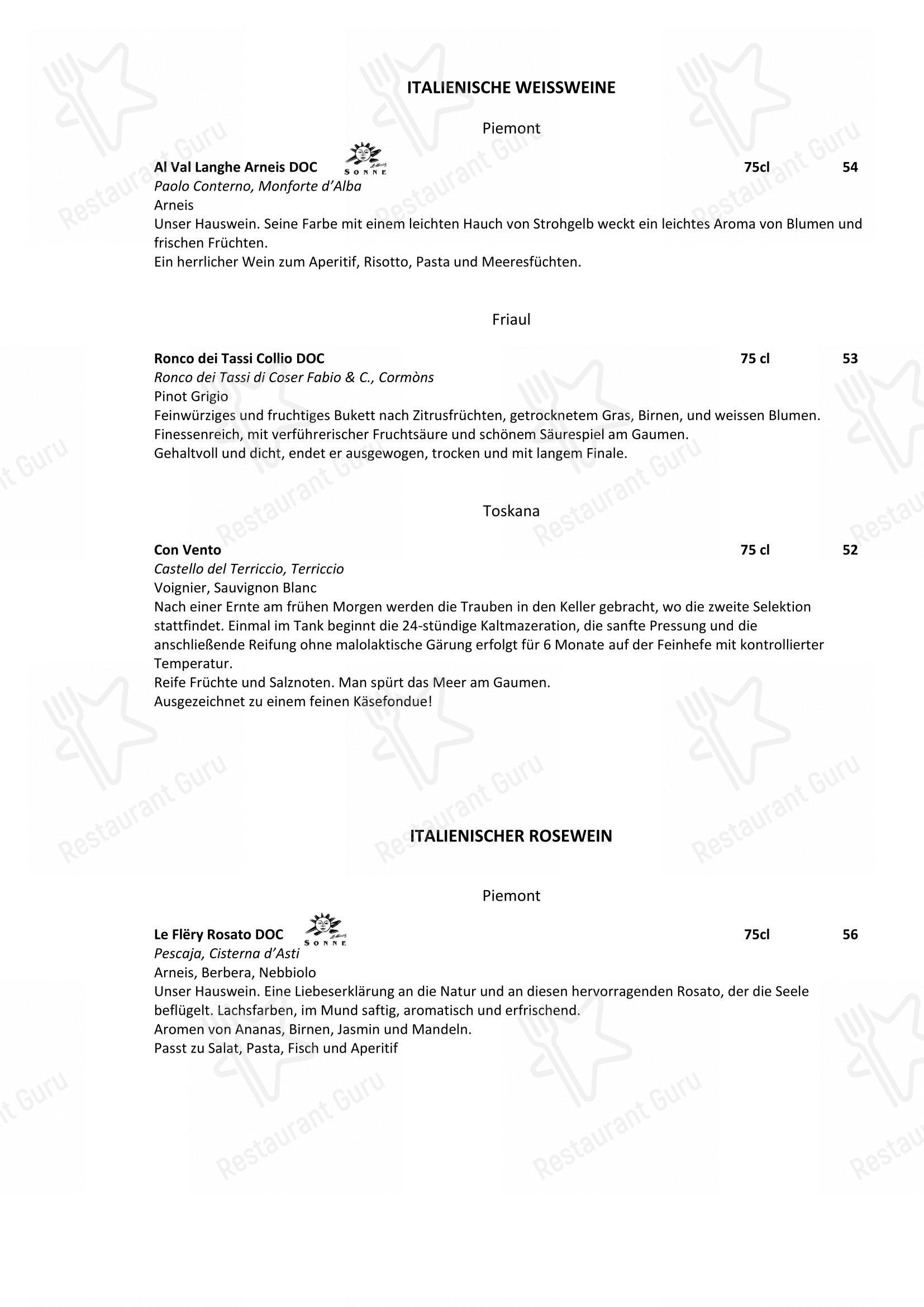 Menu bar per Restaurant Sonne pizzeria