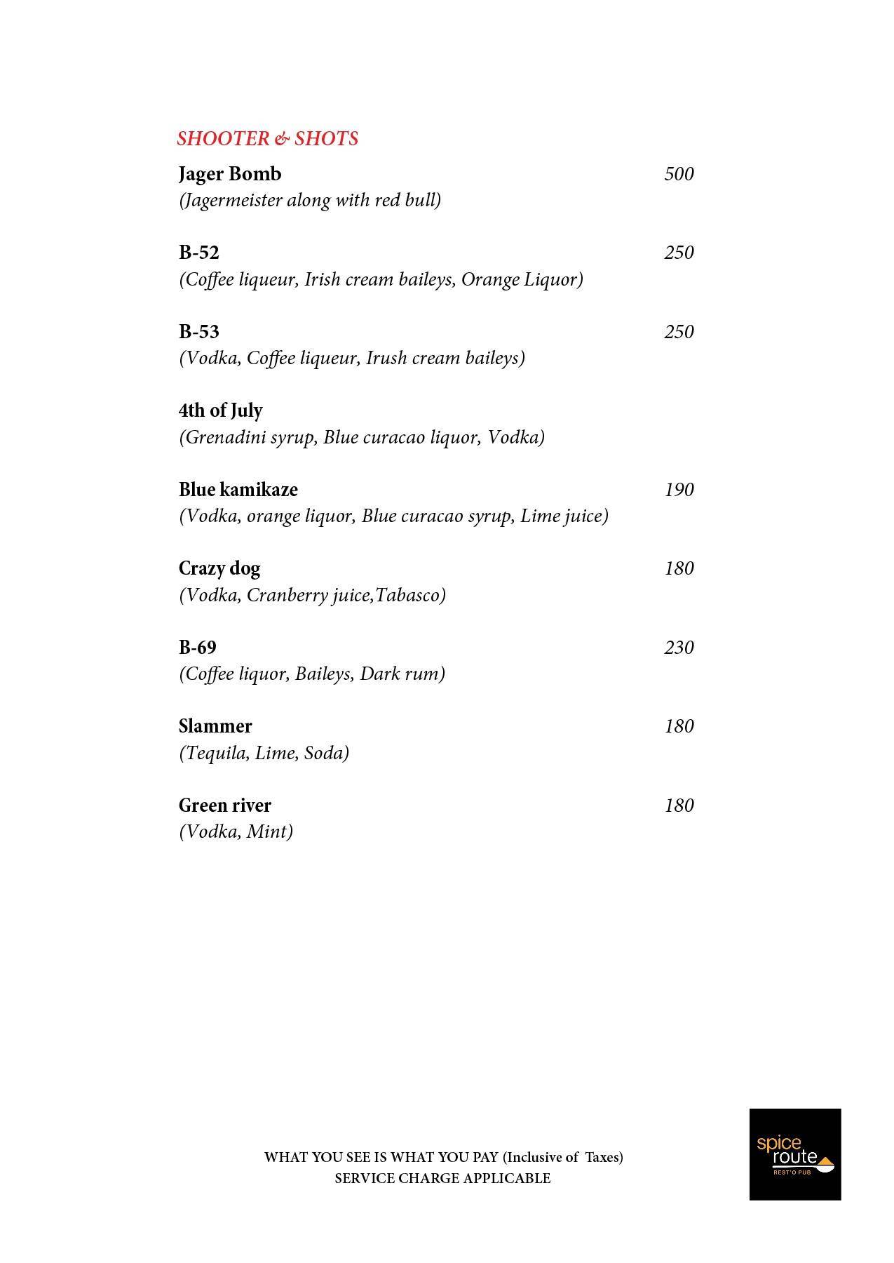 Spice Route Resto Pub menu