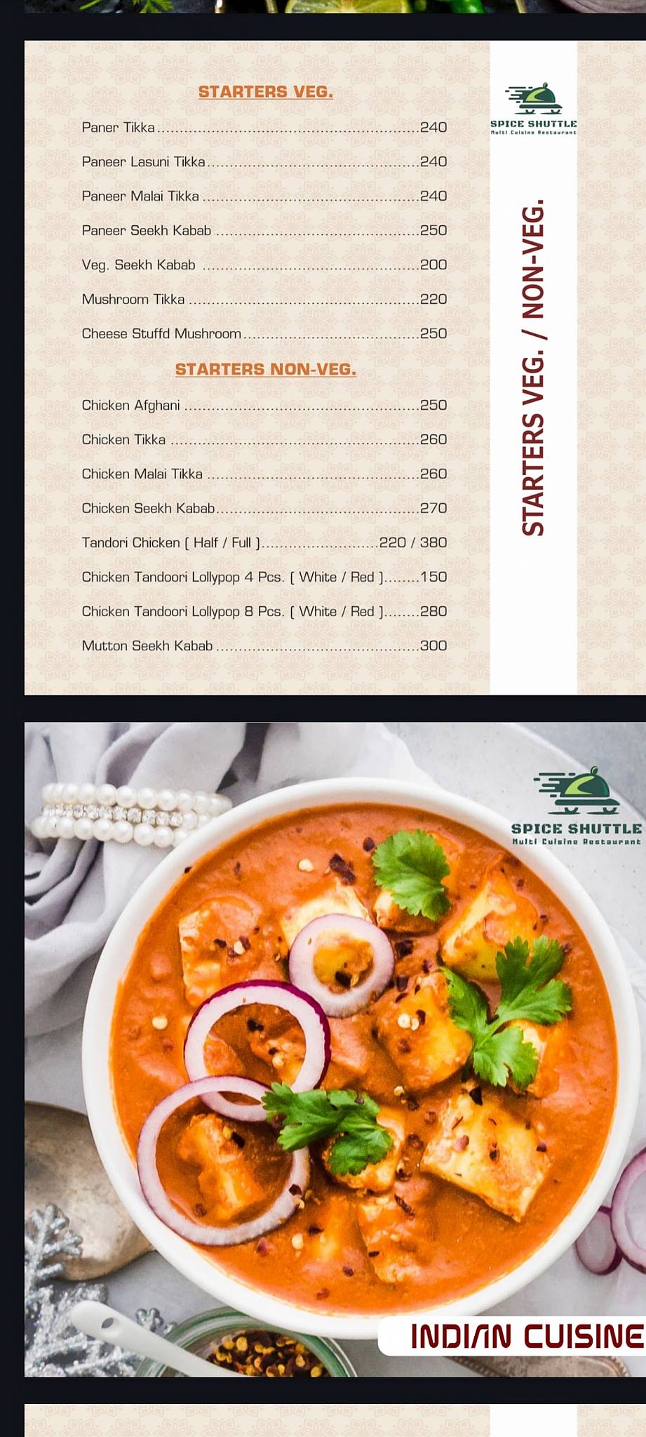 Spice Shuttle menu