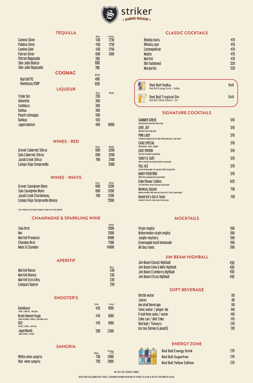Striker 29 menu