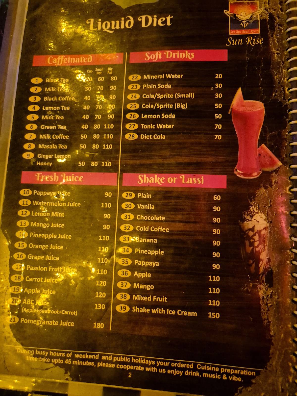 Sun Rise Restaurant menu