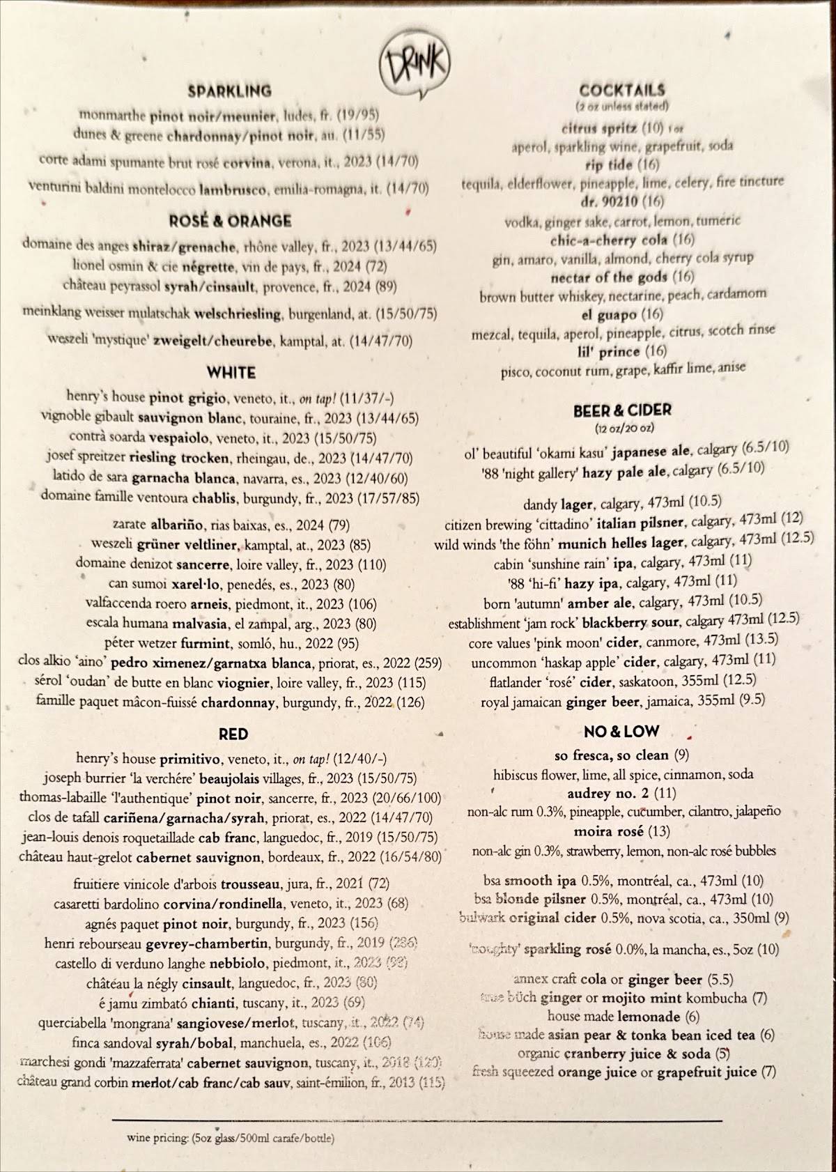 Menu de Ten Foot Henry