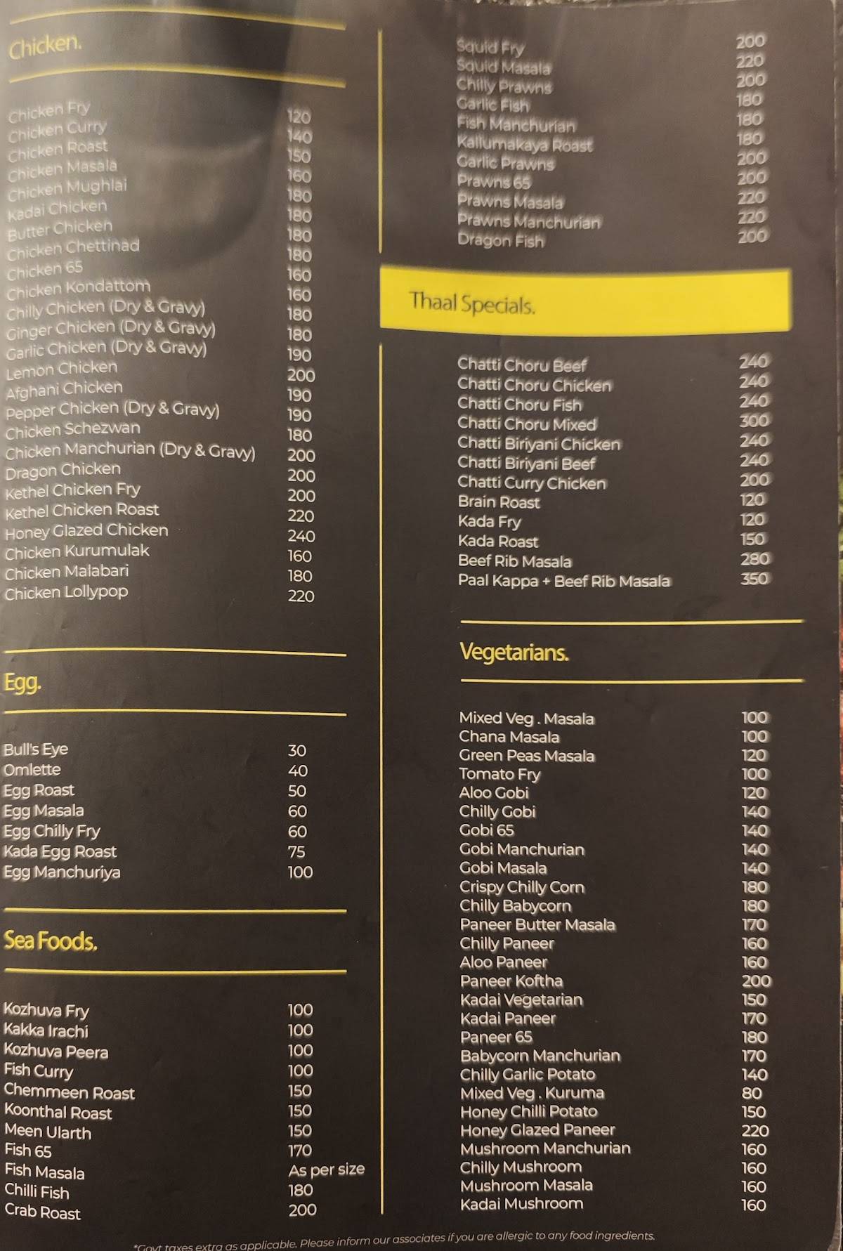 Thaal Kitchen menu