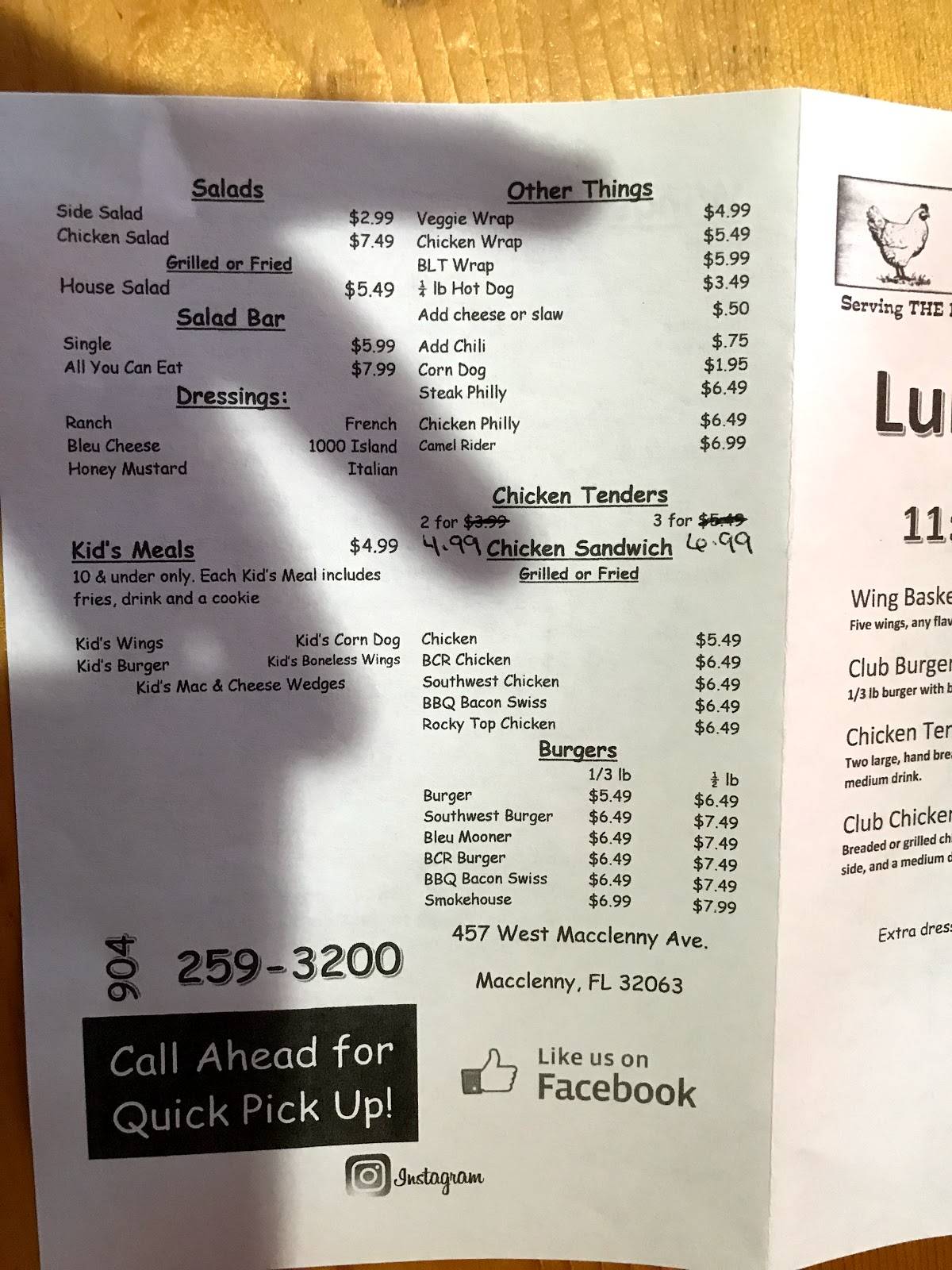 Menu at The Coop restaurant, Macclenny