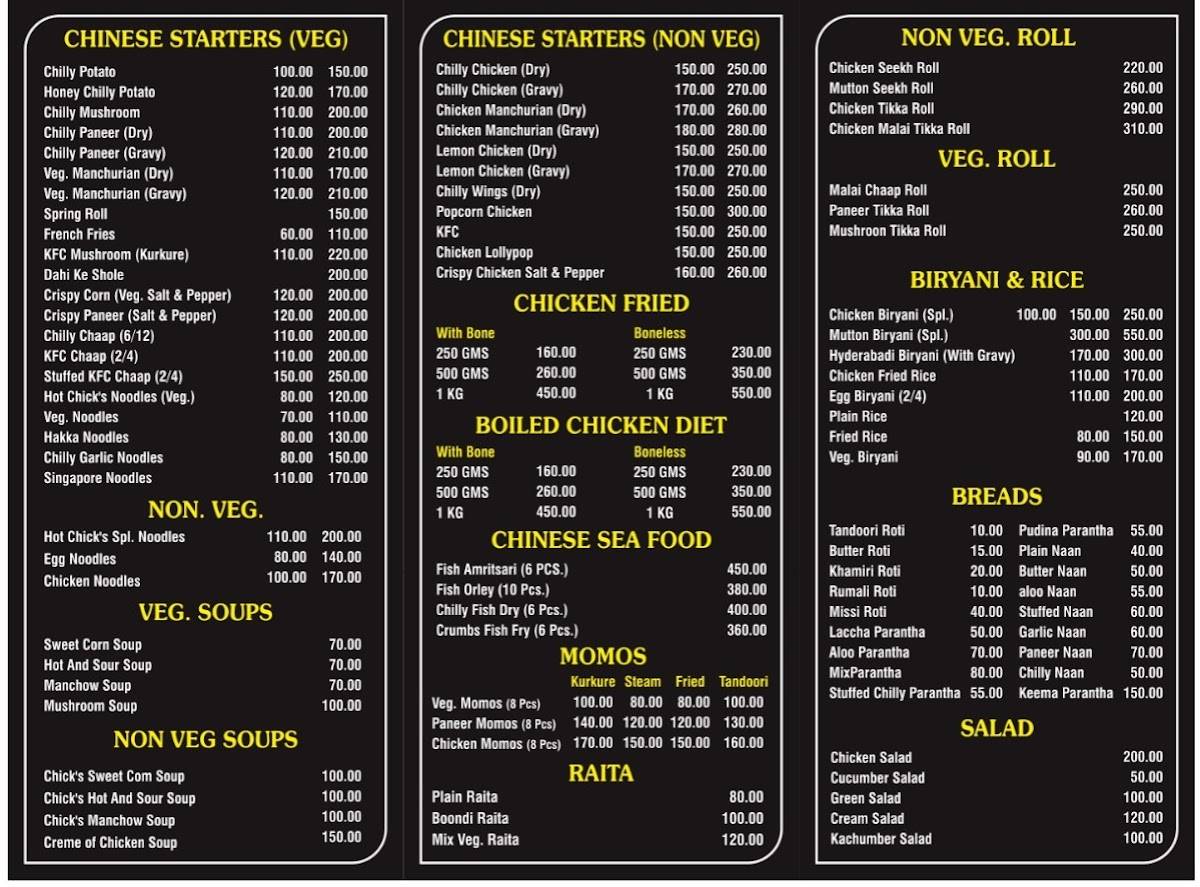 The Hot Chick's menu