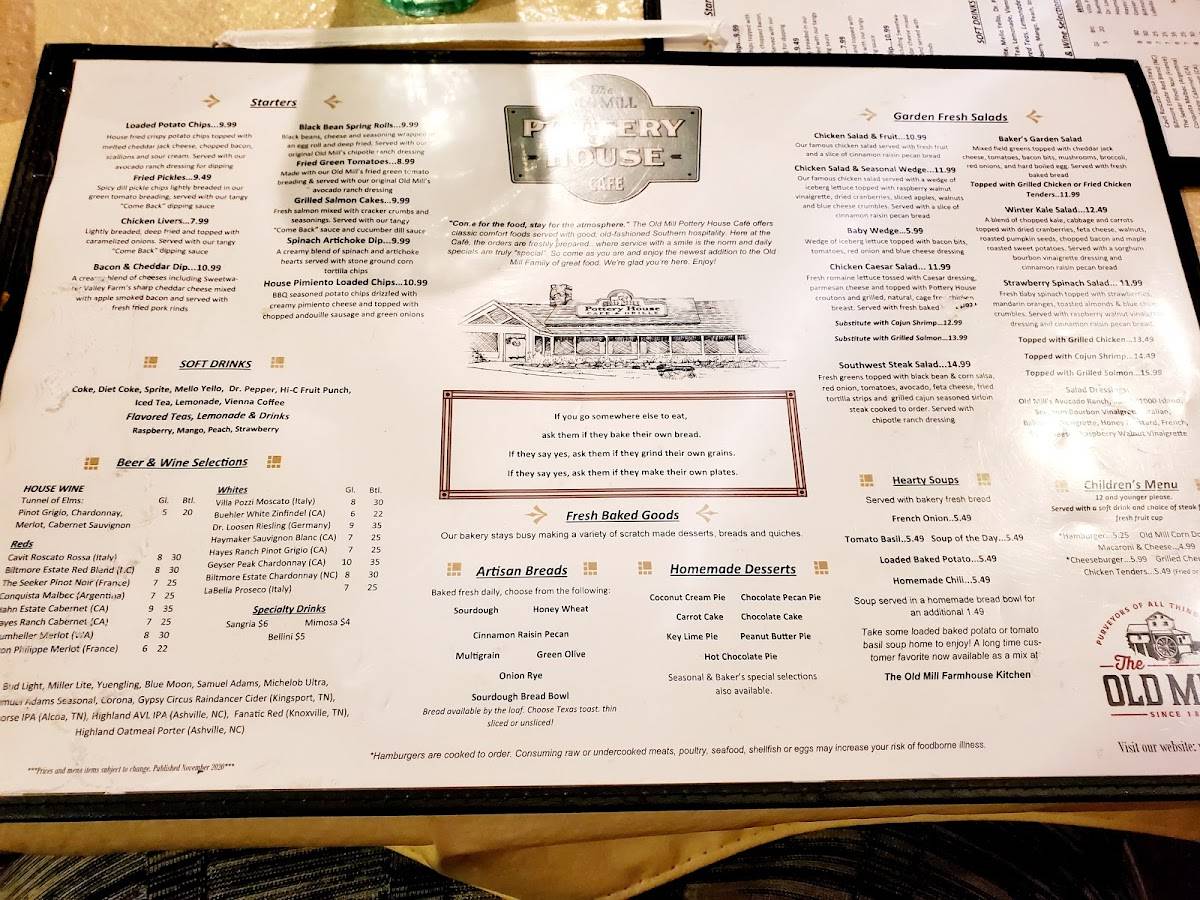 Menu at The Old Mill Pottery House Café cafe, Pigeon Old Mill St