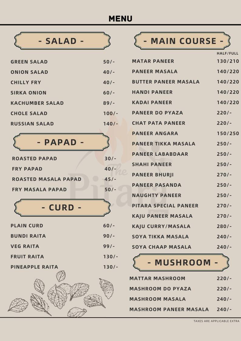 The Pitara Restaurant menu