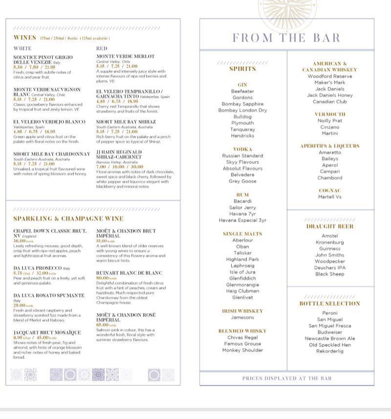 Menu at The Old Ship Hotel restaurant, Brighton, The Old Ship Hotel