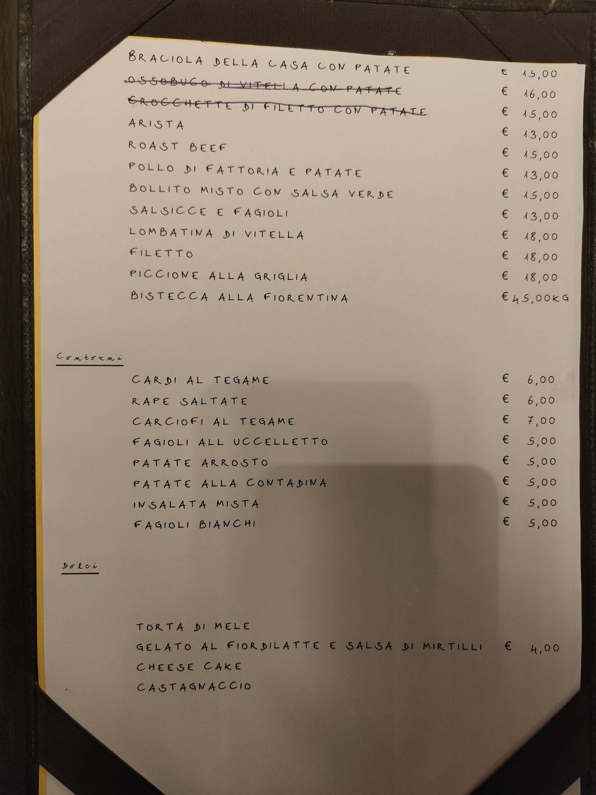 Menu at Trattoria Da Ruggero restaurant, Florence