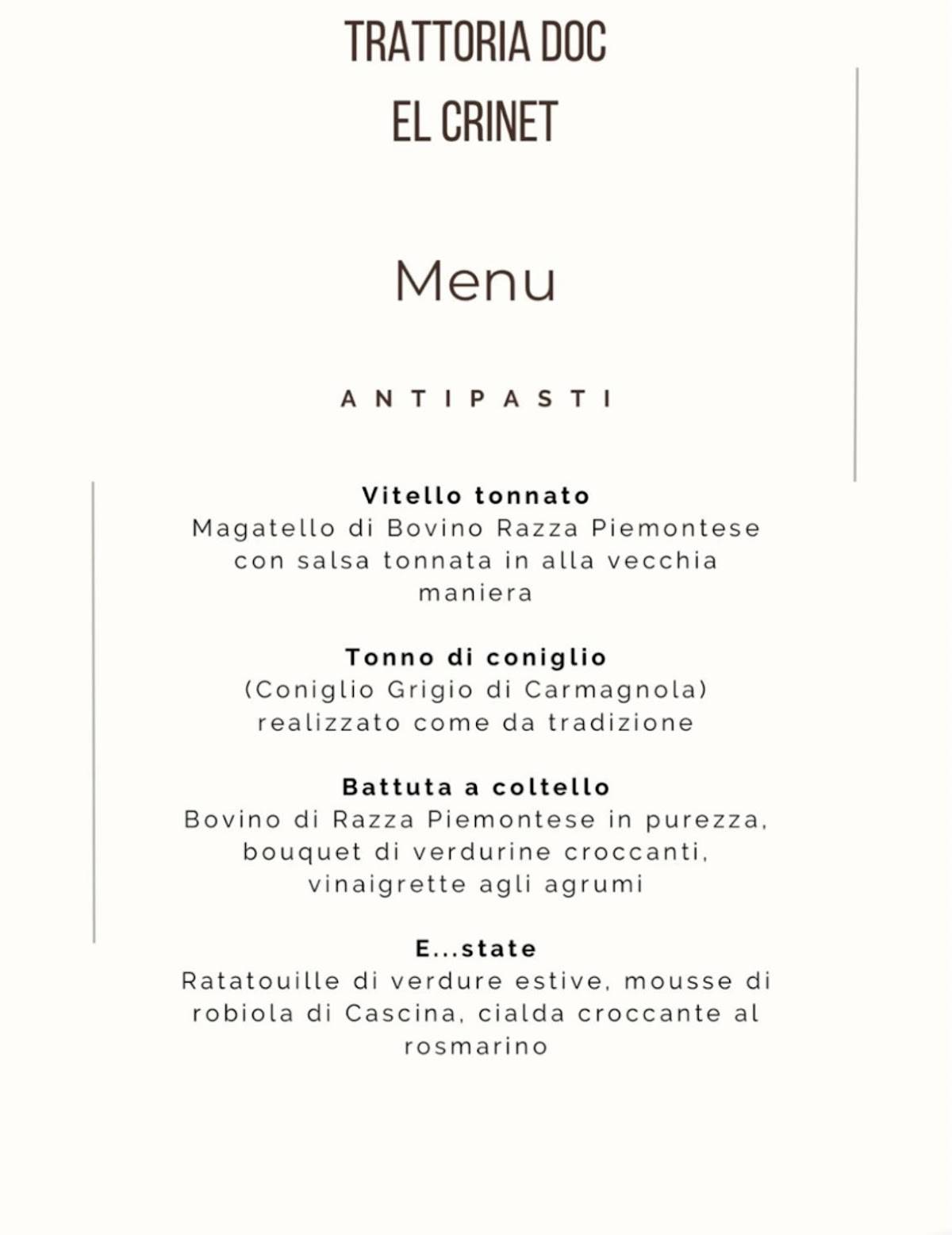 Menu di Trattoria Doc Ël Crinêt 