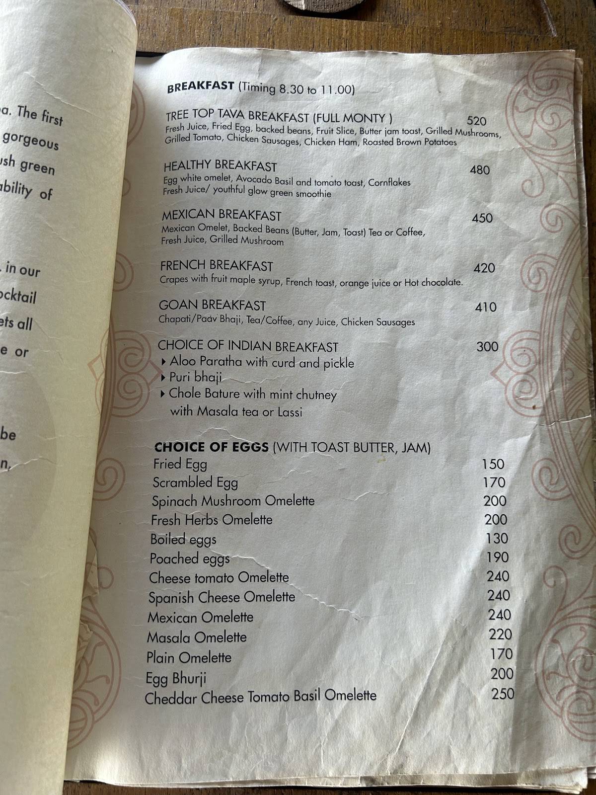 Treetop Tava menu