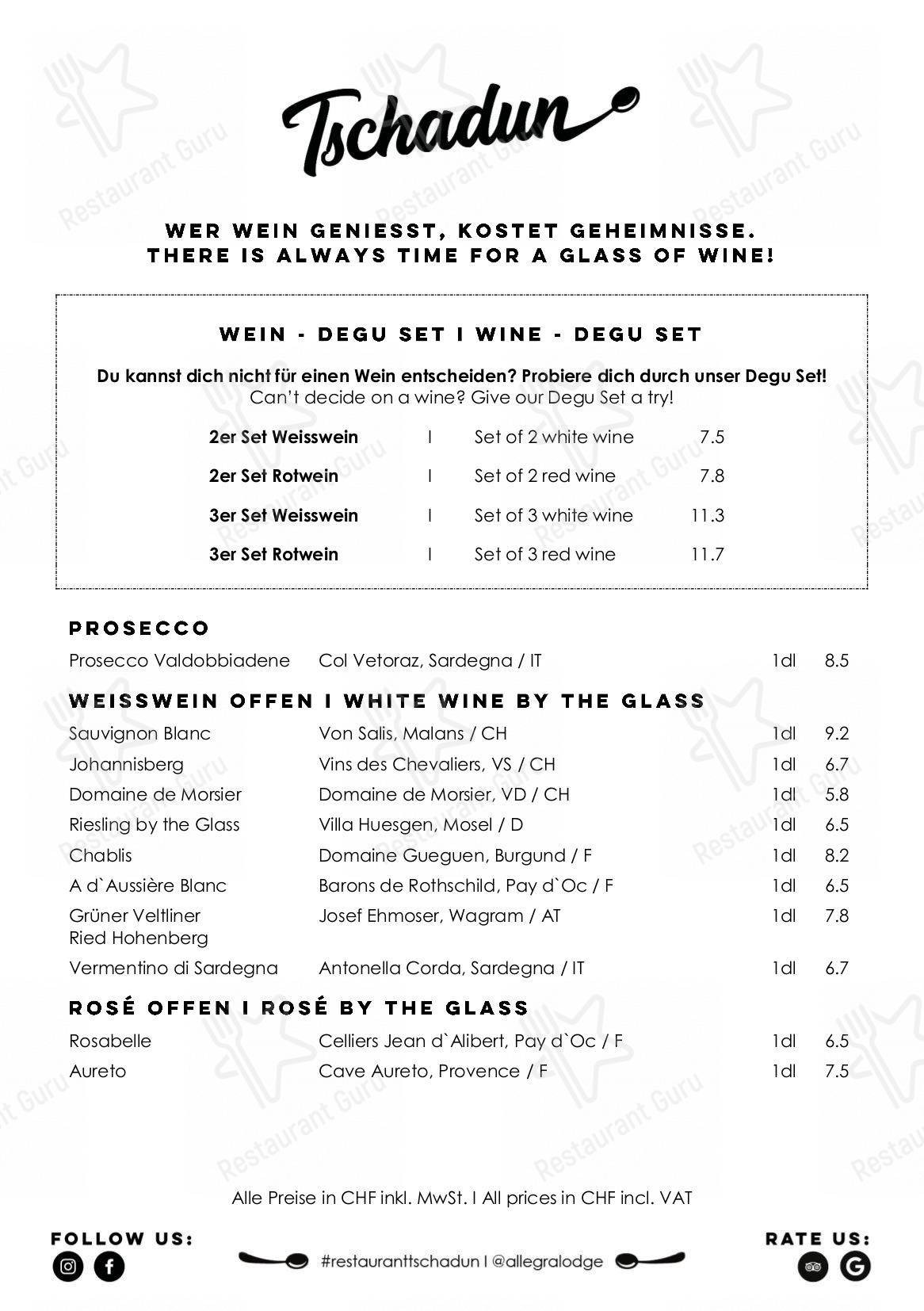 Menu Drinks per Restaurant & Bar Tschadun in Kloten
