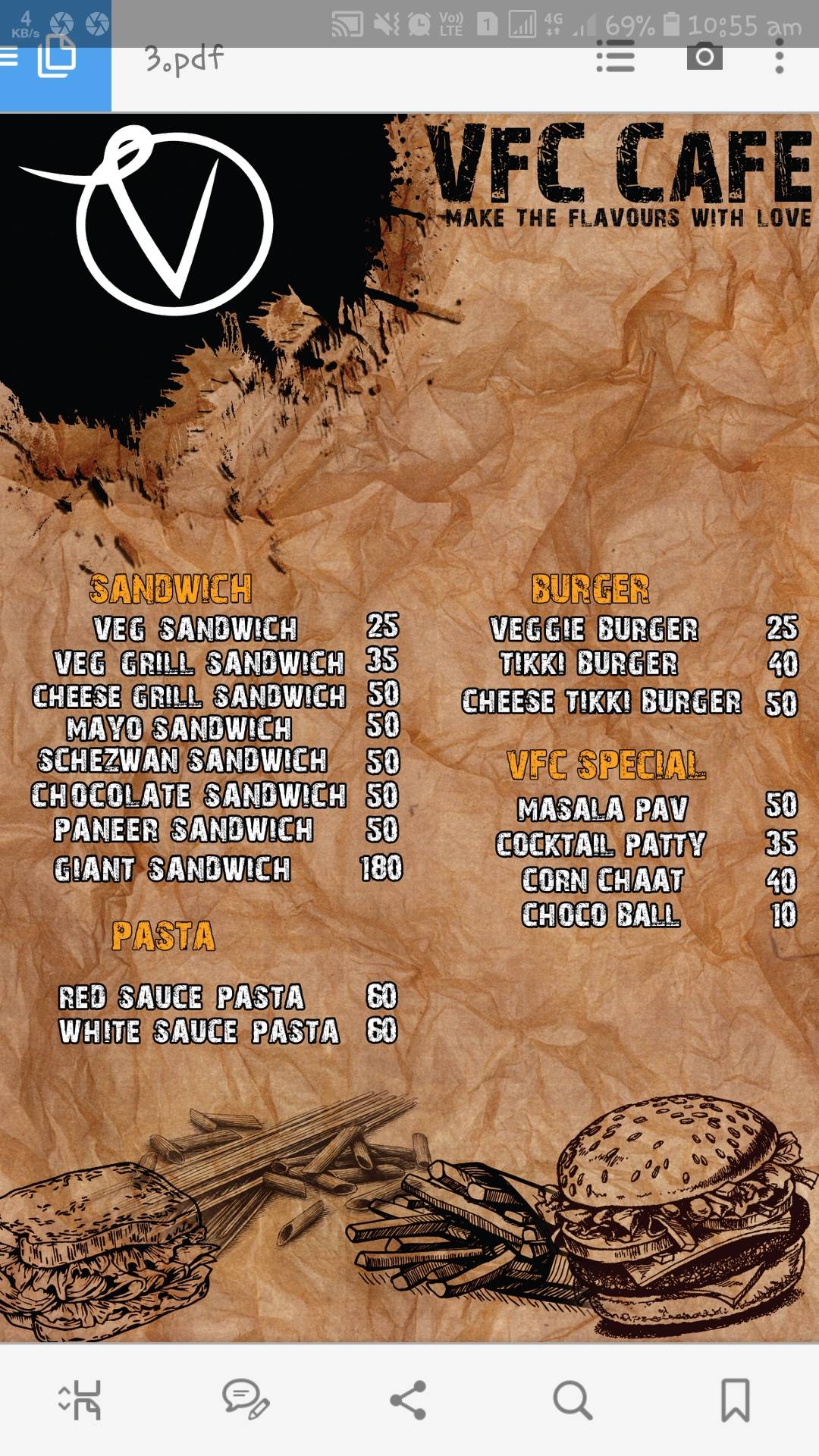 VFC Cafe menu