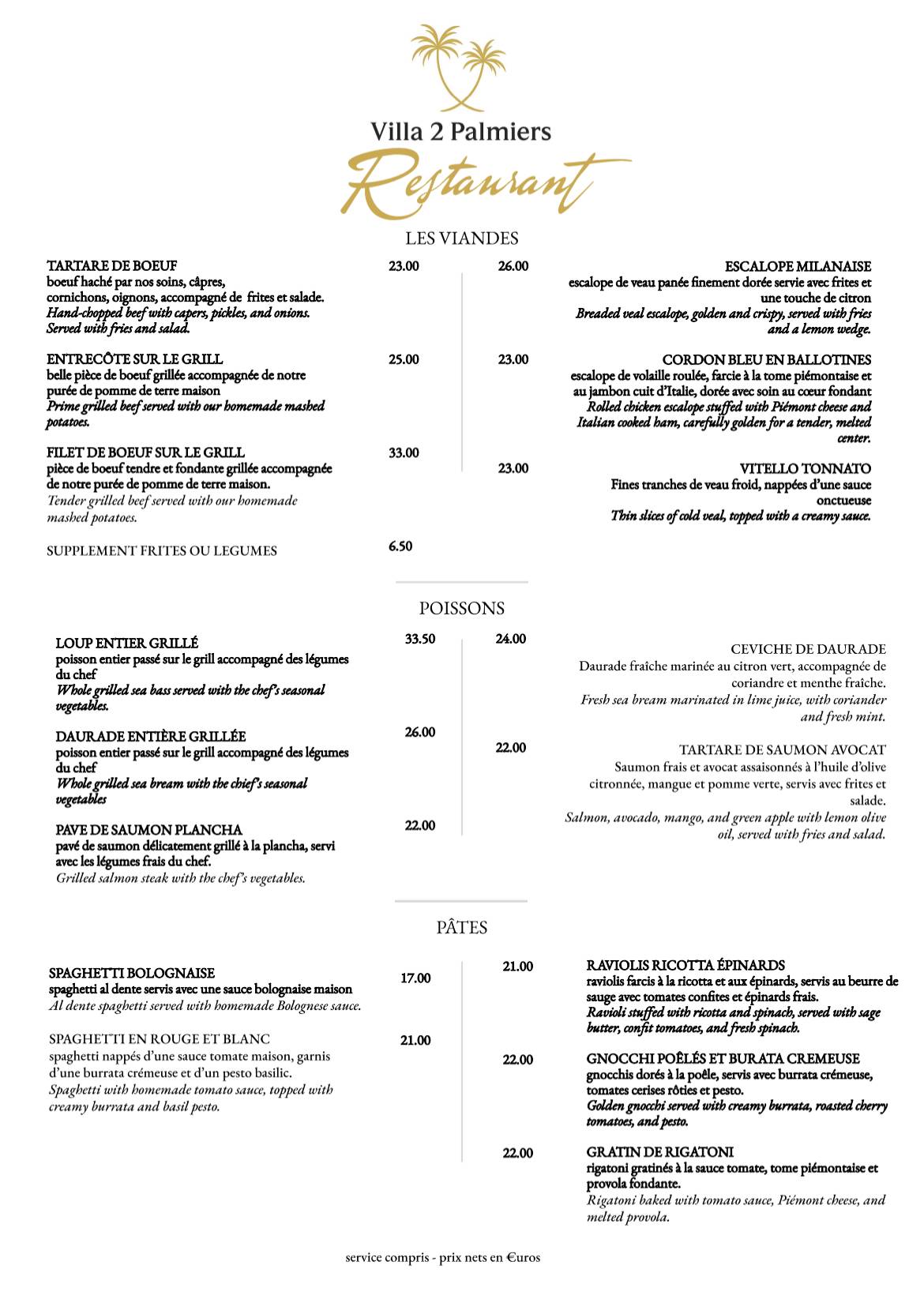 Menu de Villa 2 Palmiers