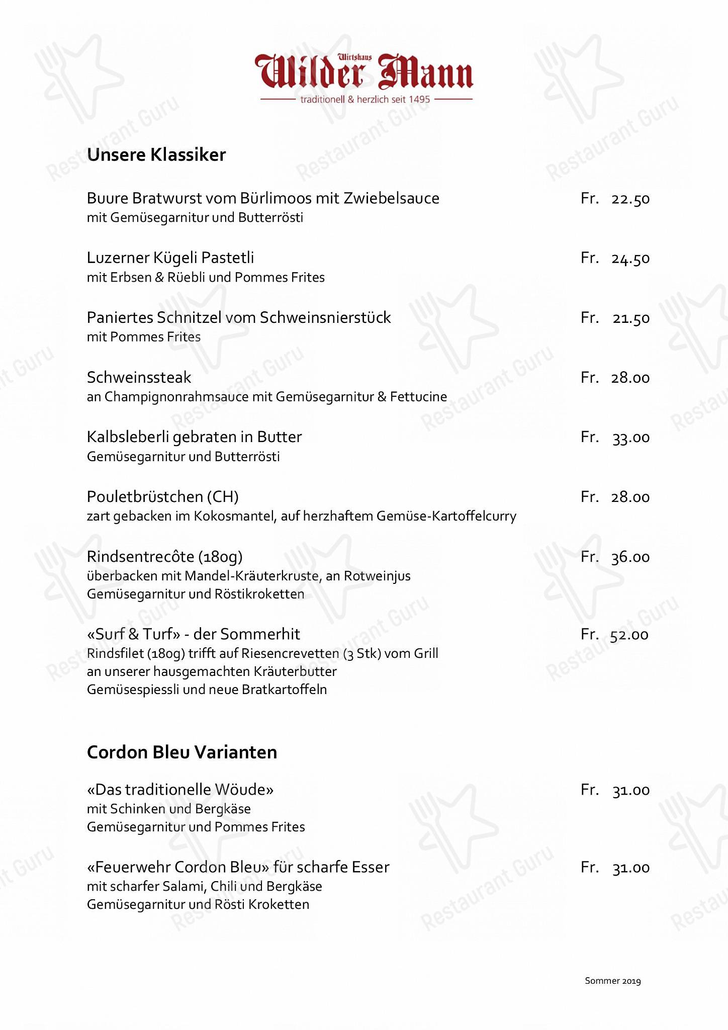 Wilder Mann Sursee AG in Sursee - Dinner Menu