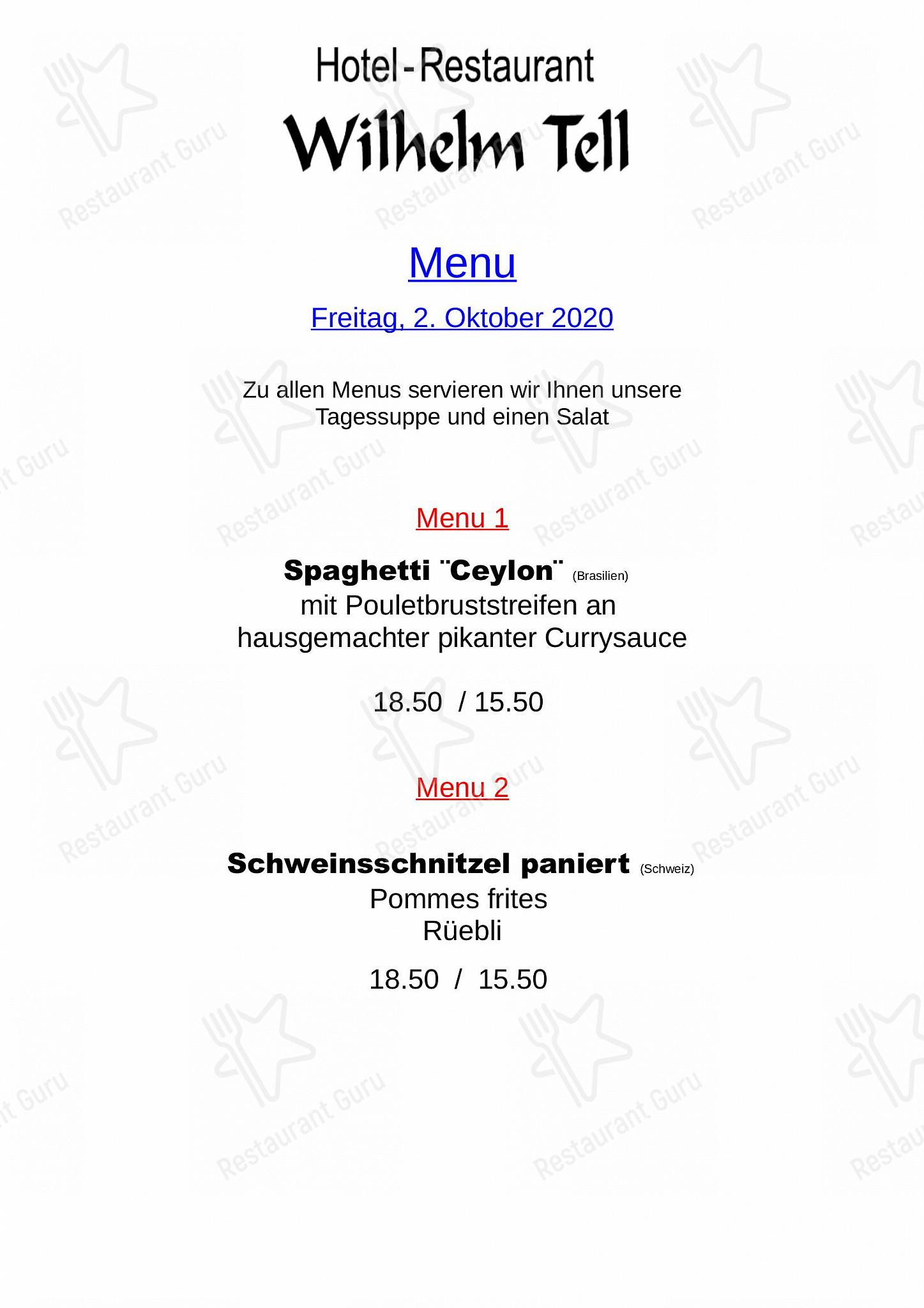 Menu per Hotel-Restaurant Wilhelm Tell