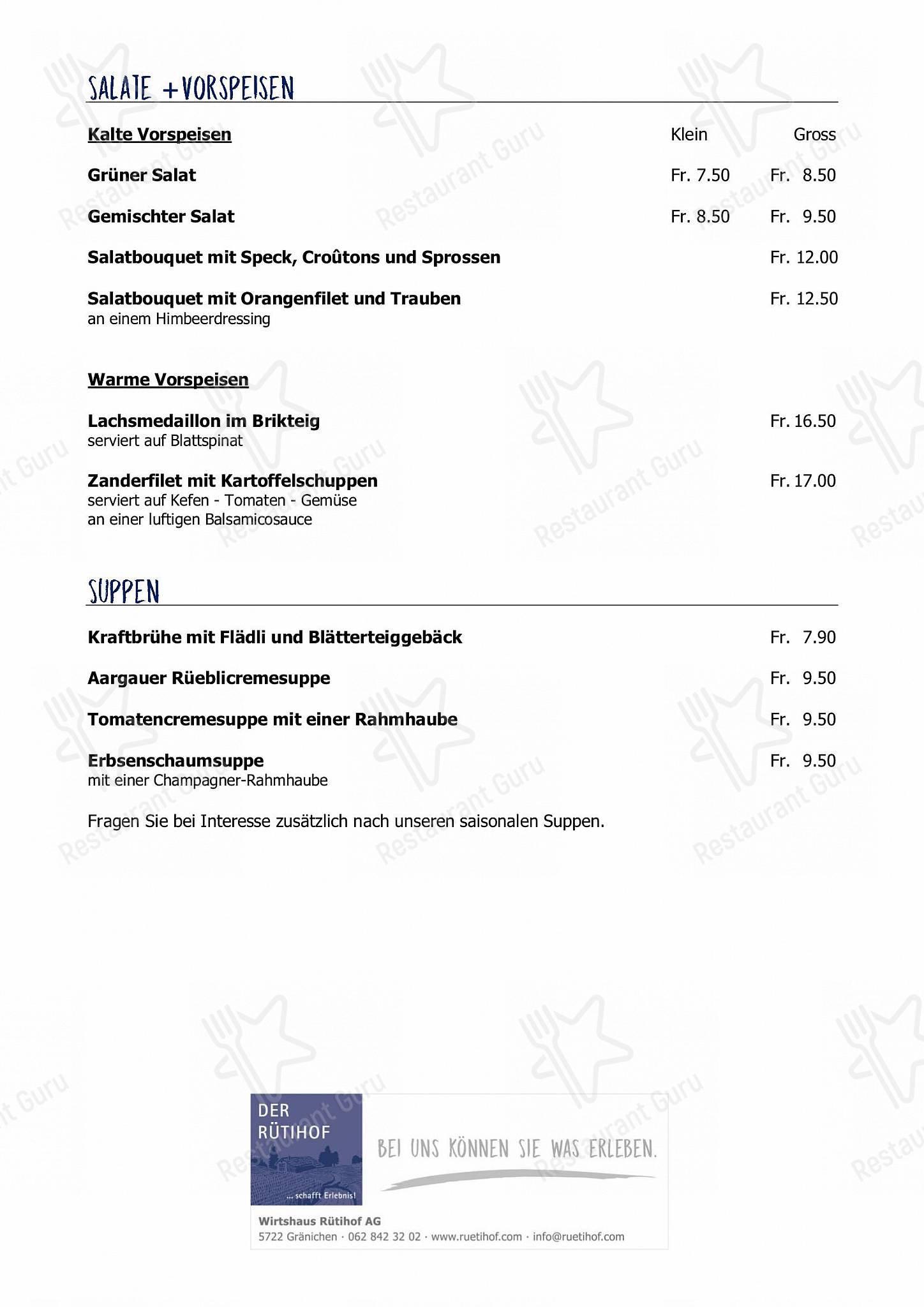 Menu di Restaurant Rütihof, Gränichen