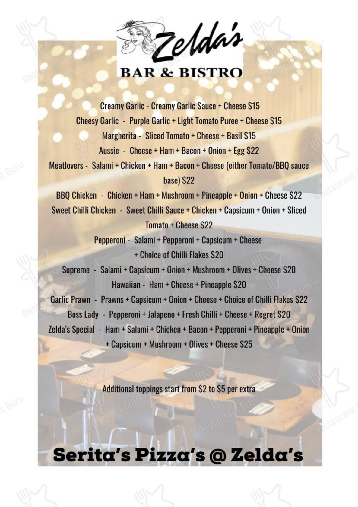 Menu at Zelda's Bar & Bistro, Bagdad