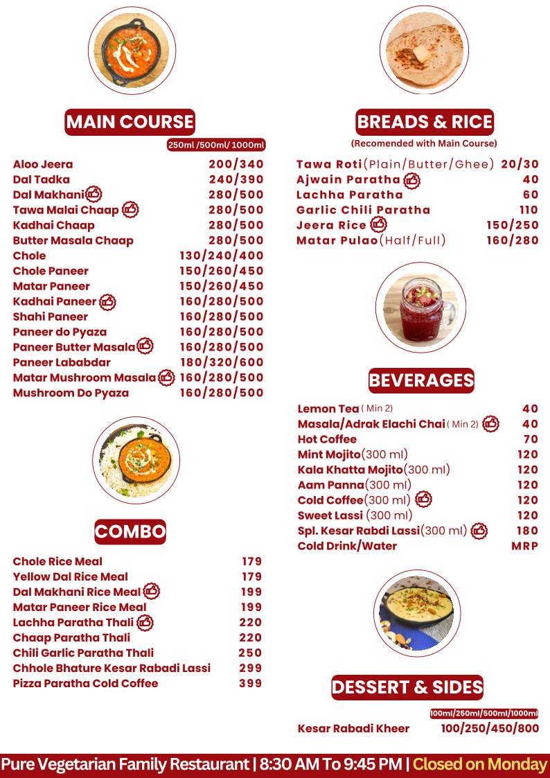 Zesty Paratha - A Fully AC Family Restaurant menu