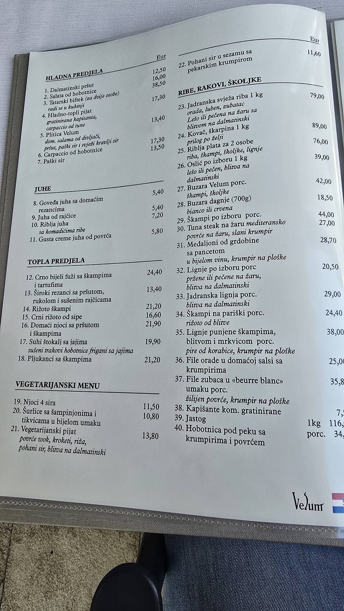 Menu di Restaurant & Caffe „Velum“ 
