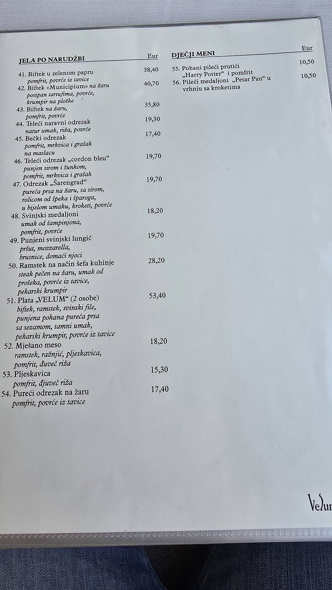 Menu di Restaurant & Caffe „Velum“ 