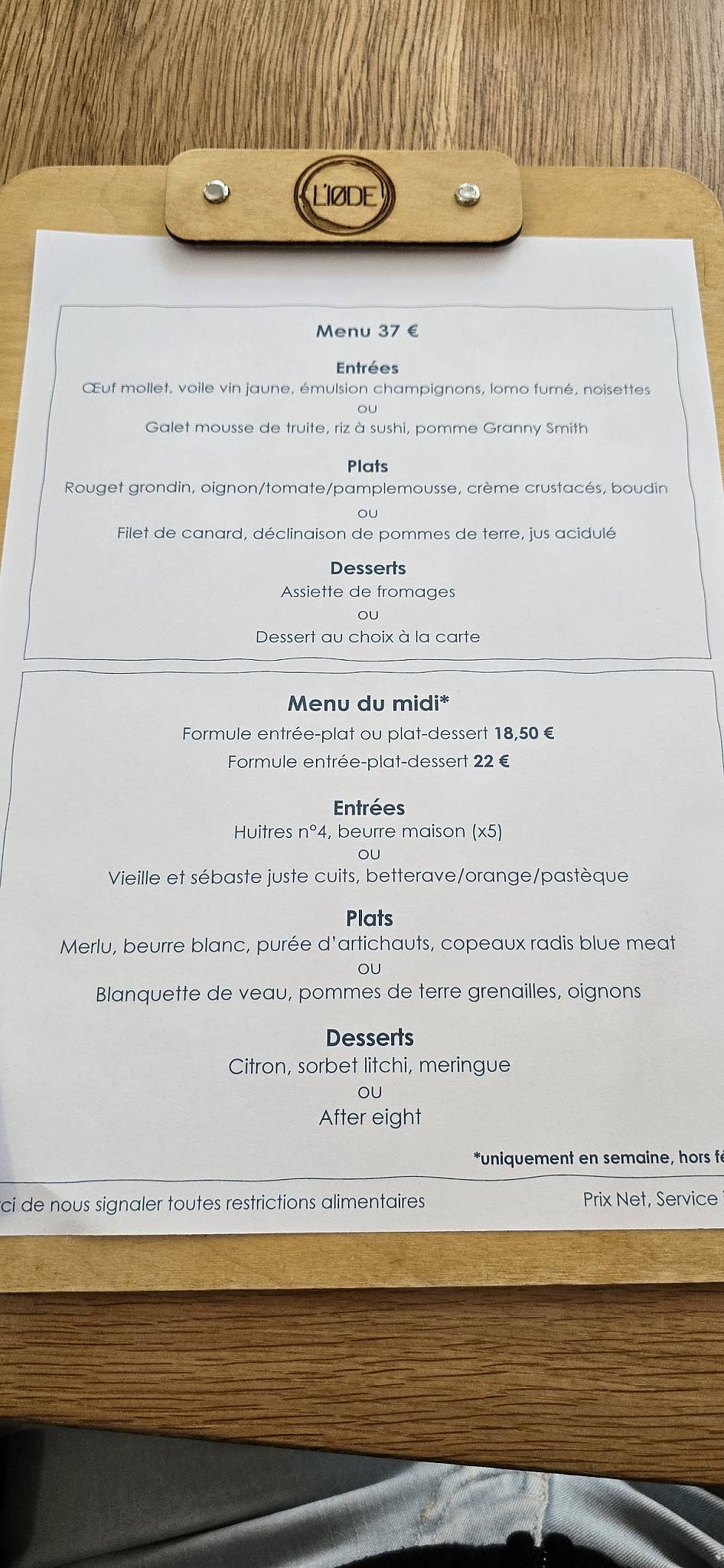 Menu de L'iøde