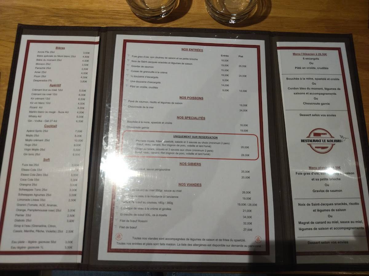 Menu de Restaurant le KOLIBRI