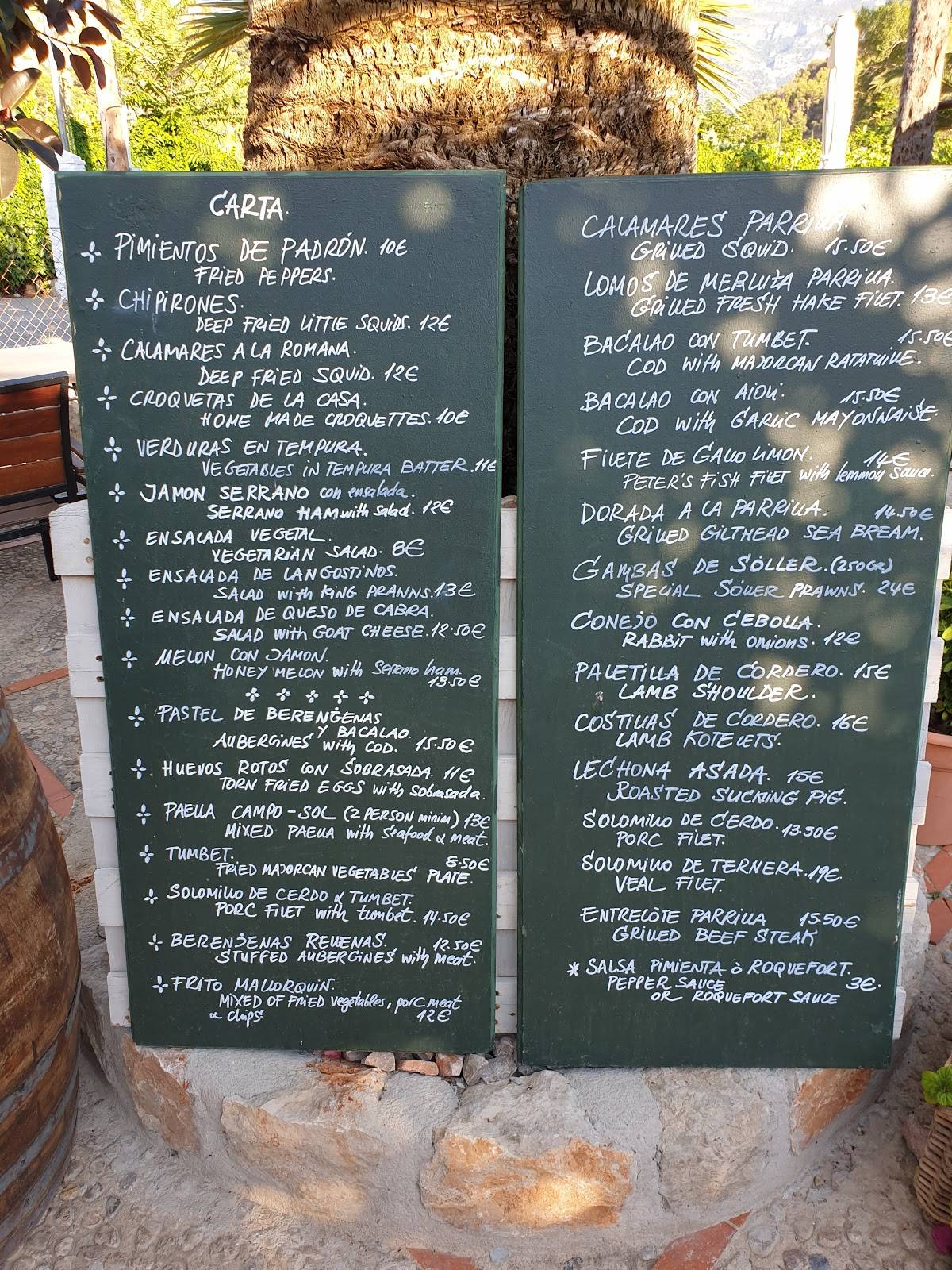 Carta de Restaurante Campo Sol, Sóller