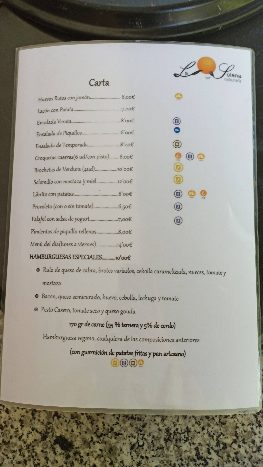 Carta de La Solana Bar Restaurante Villanueva de la Vera, Villanueva de la  Vera