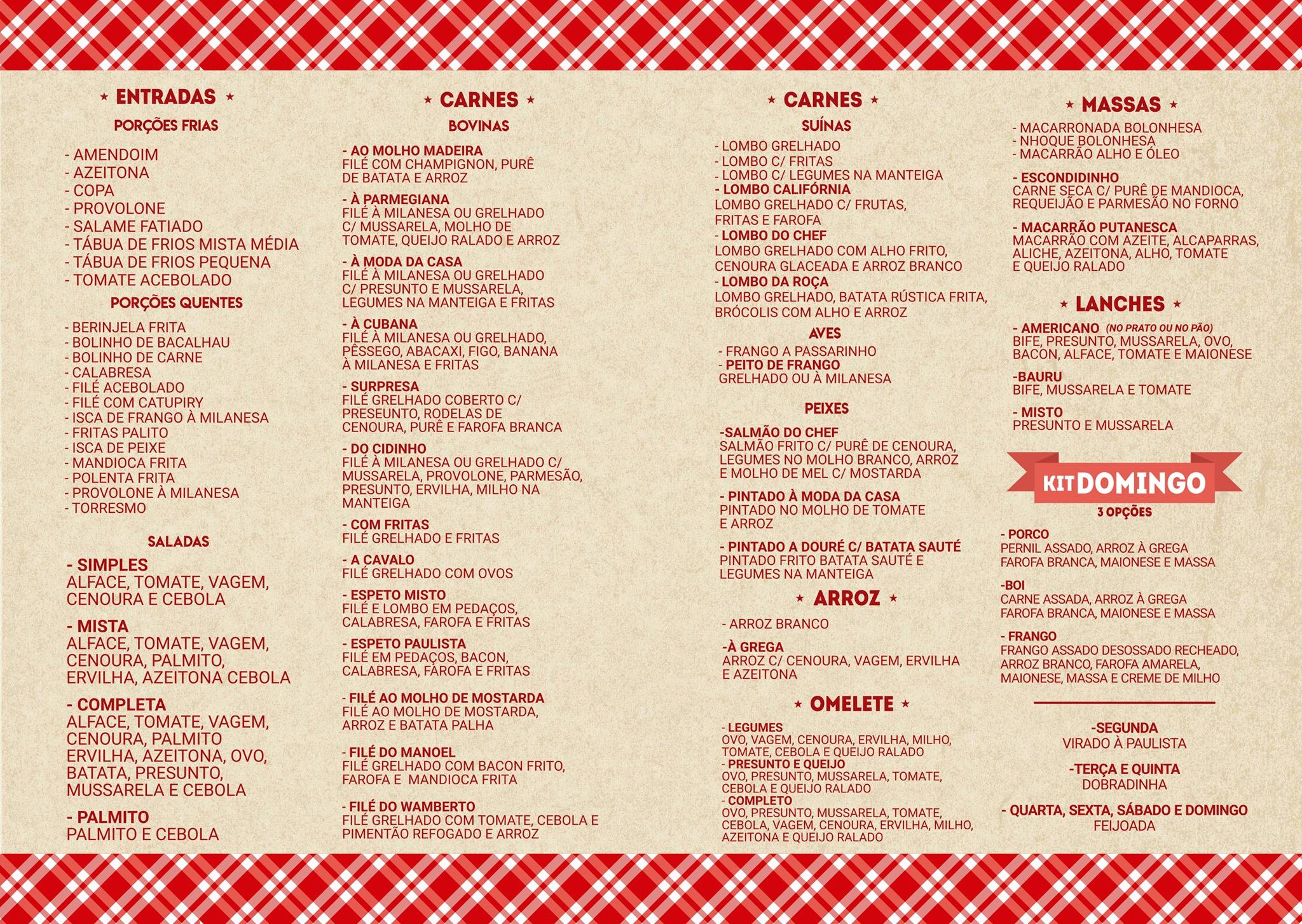Restaurante do Cidinho cardápio